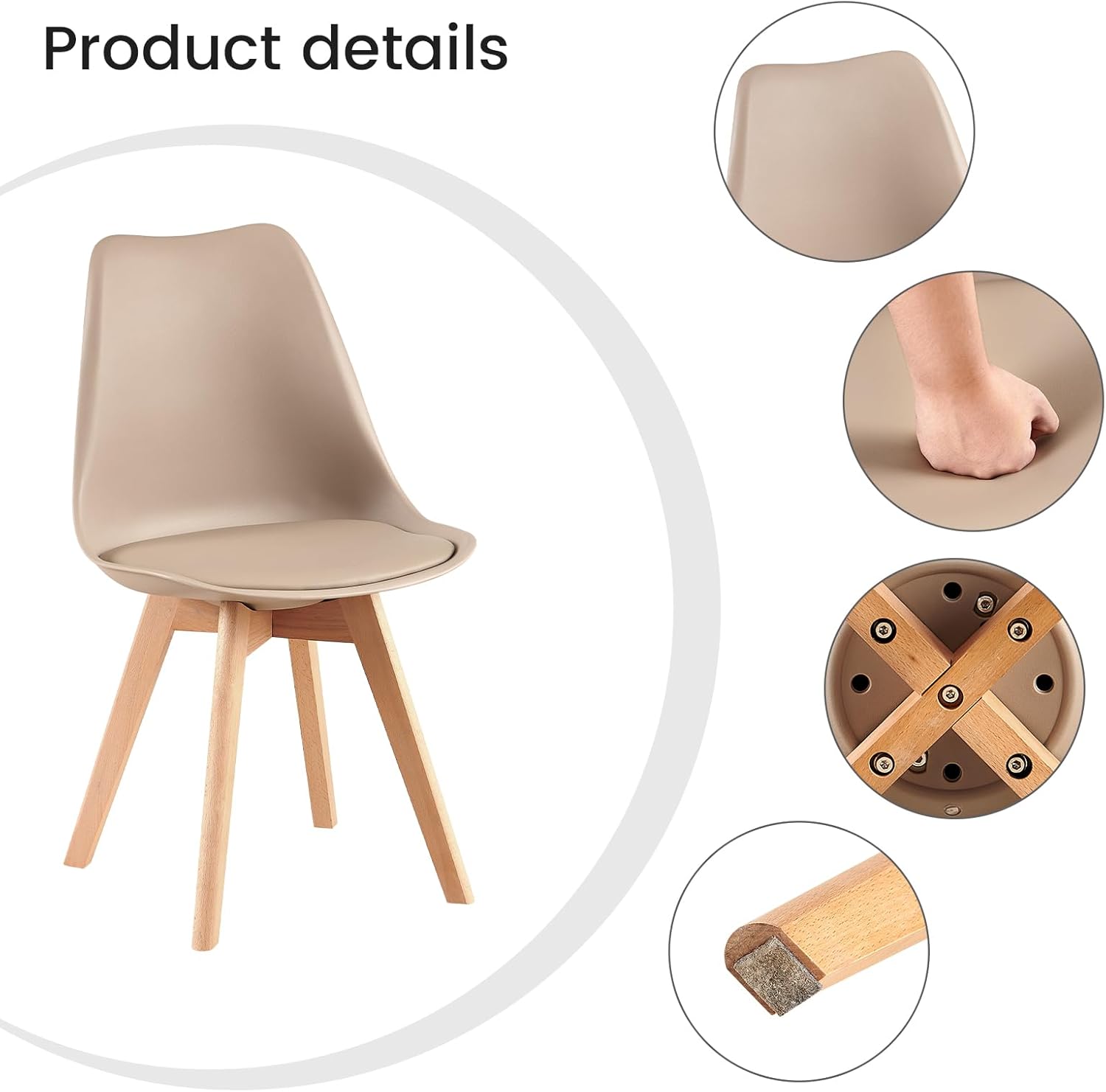 EGGREE - chaises scandinaves, lot de 4, bois hêtre, assise rembourrée, kaki clair