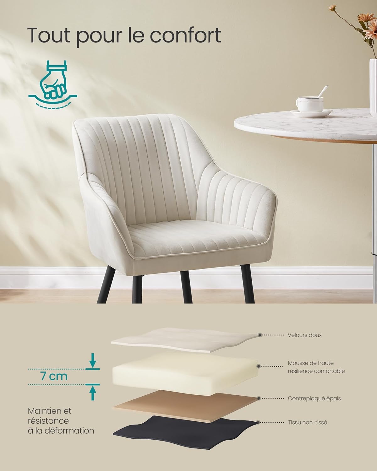 SONGMICS - fauteuil velours, accoudoirs, métal, 120 kg, LDC087W01