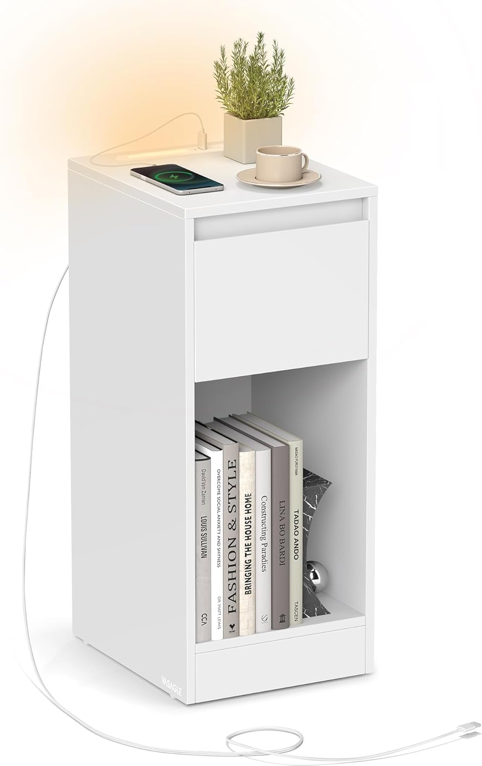 VASAGLE - Table de chevet étroite, LED, USB-A/C, tiroir, blanc, LET610W01