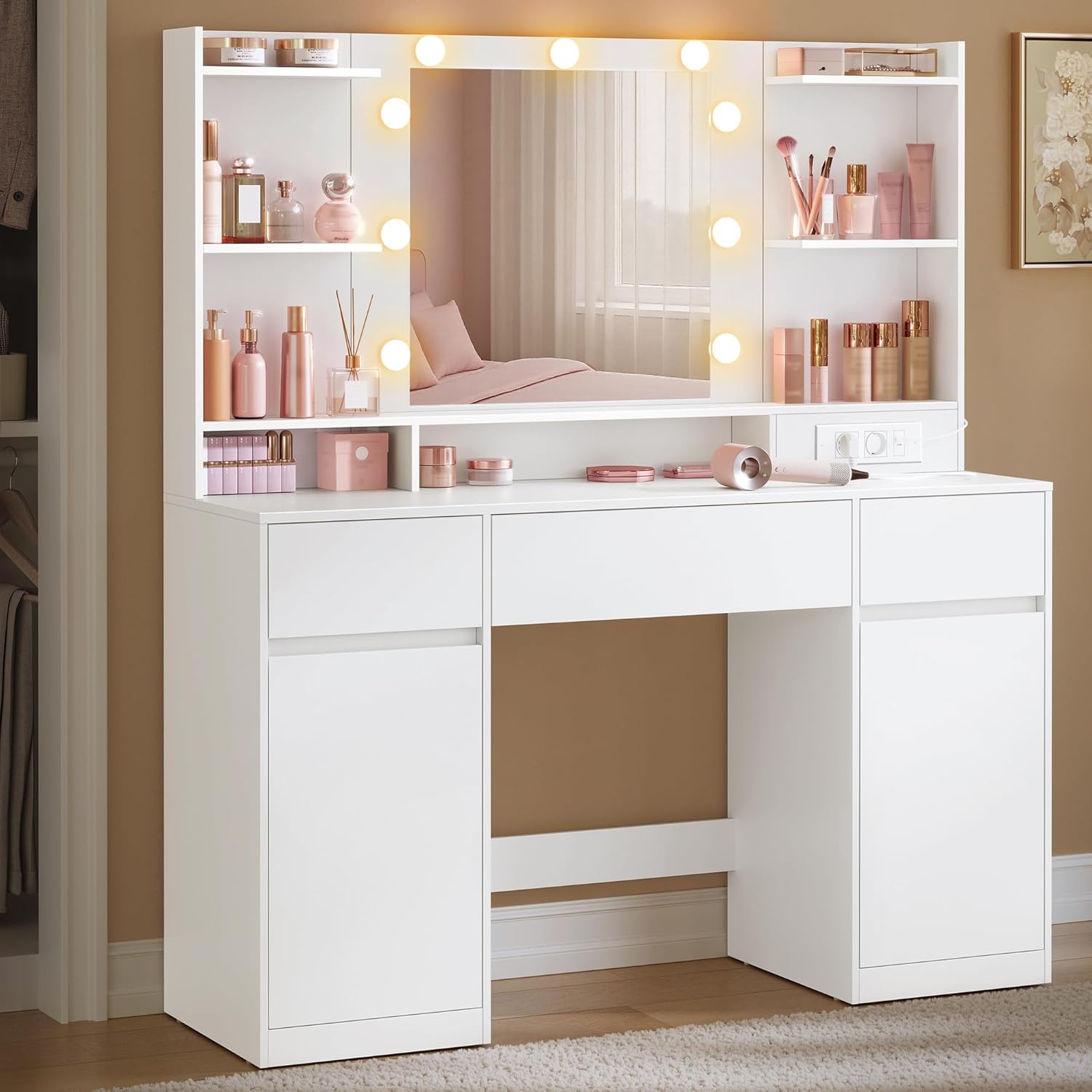 VASAGLE - Kailyn Collection coiffeuse, blanc, LED, rangements, RDT142WB02