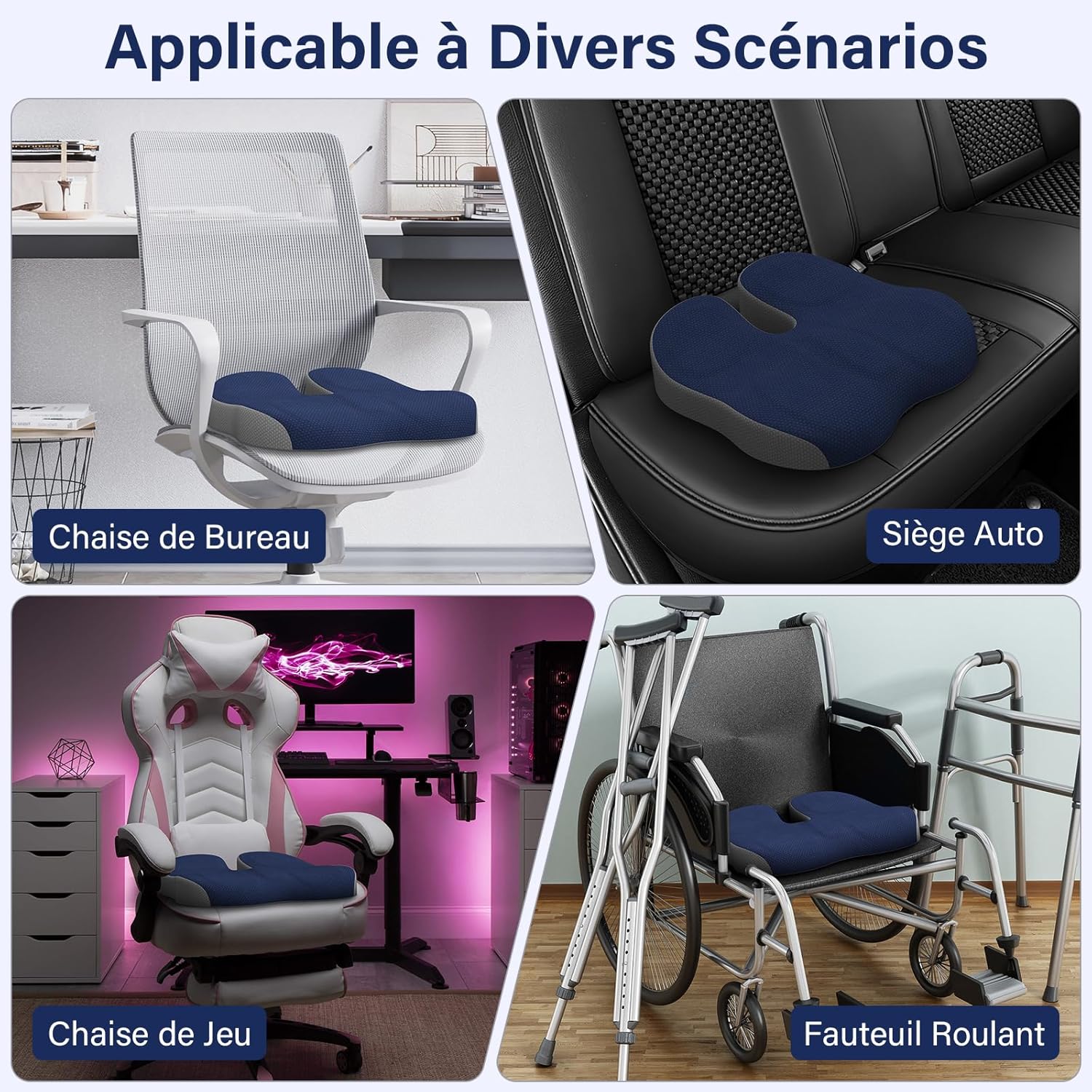 Coussin de siège - ergonomique pour coccyx, chaise, voiture, soulage douleurs sciatiques, bleu marine