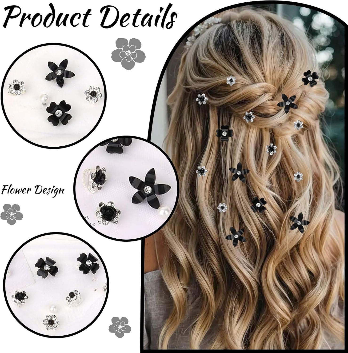 Lot de pinces à cheveux - mini strass fleurs - 20 pièces - accessoires mariage femmes, 4 motifs