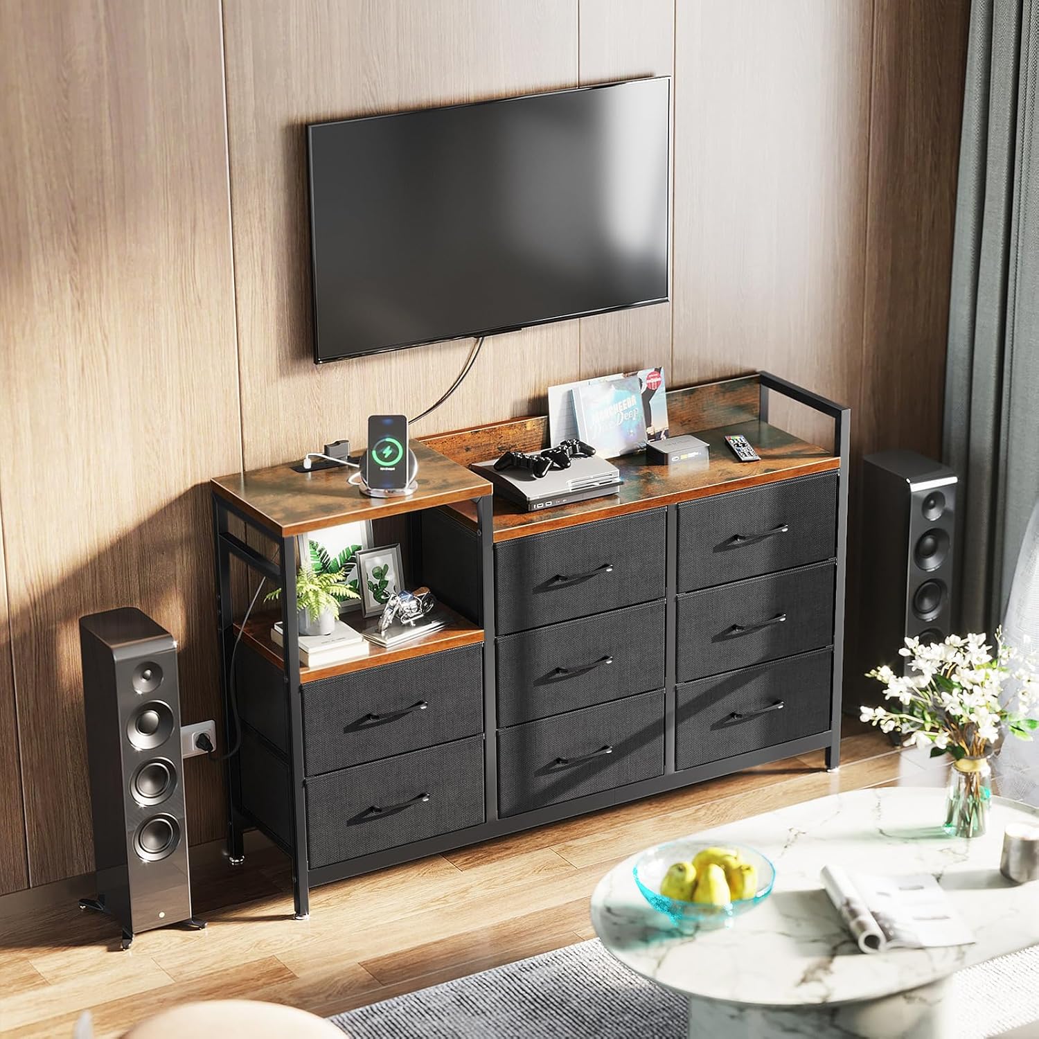 ODK - commode chambre vintage et noire - 132x30x88 cm - 2 ports USB, 2 AC, armoire à tiroirs multifonction