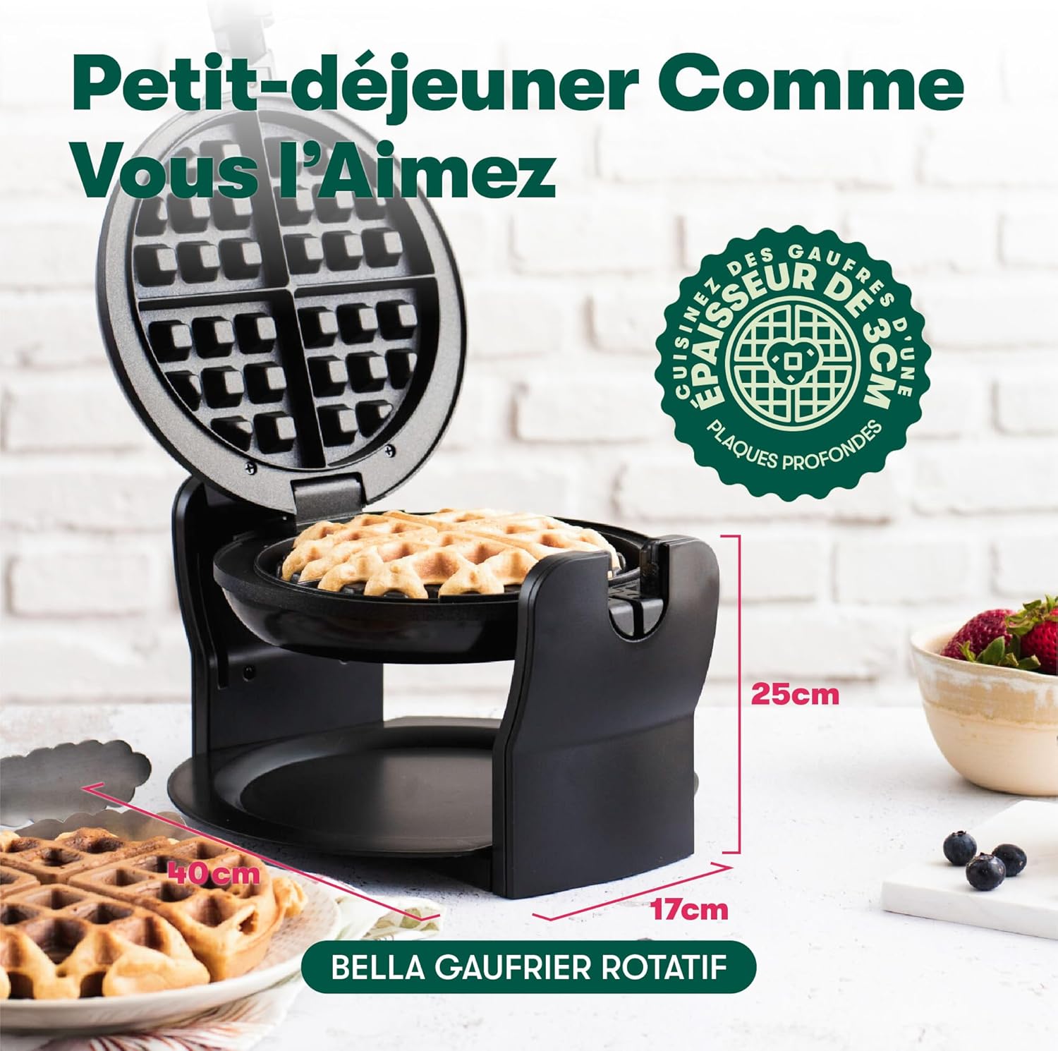 Bella - Gaufrier rotatif classique - plaques antiadhésives, contrôle brunissement, poignées froides