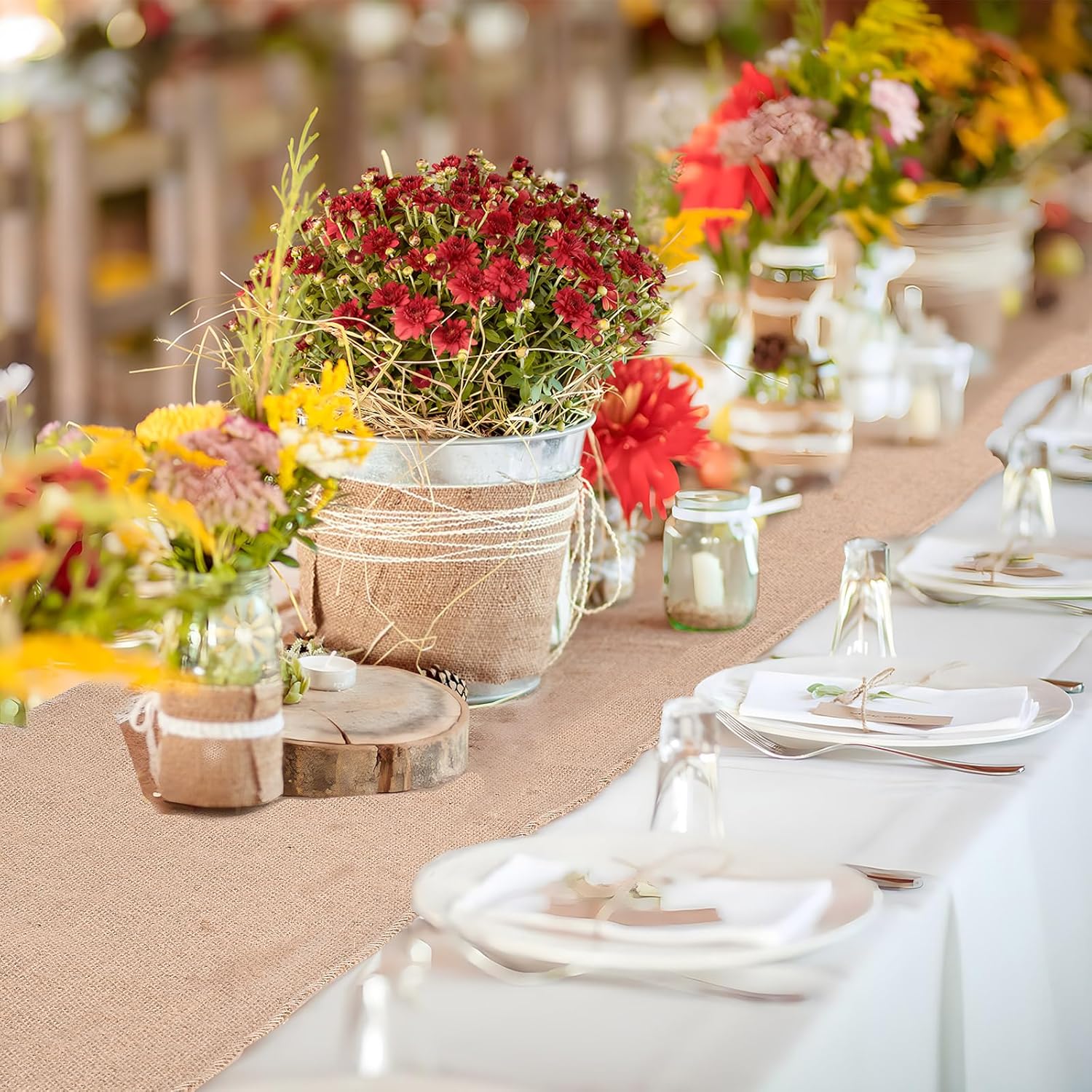 Nappe en jute - chemin de table - 30x1000 cm - coton et lin, bords cousus