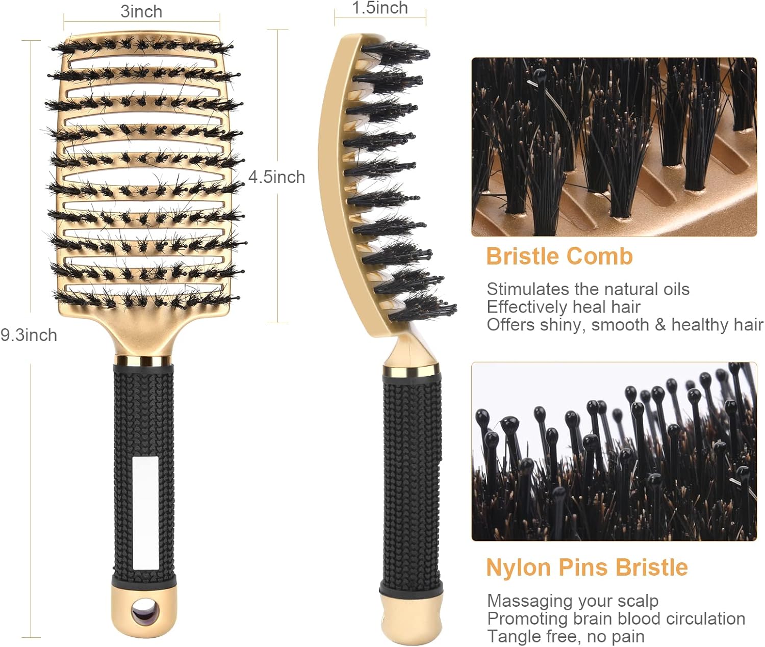 URAQT - Brosse démêlante poils sanglier - cheveux longs épais, anti-frisottis, séchage rapide