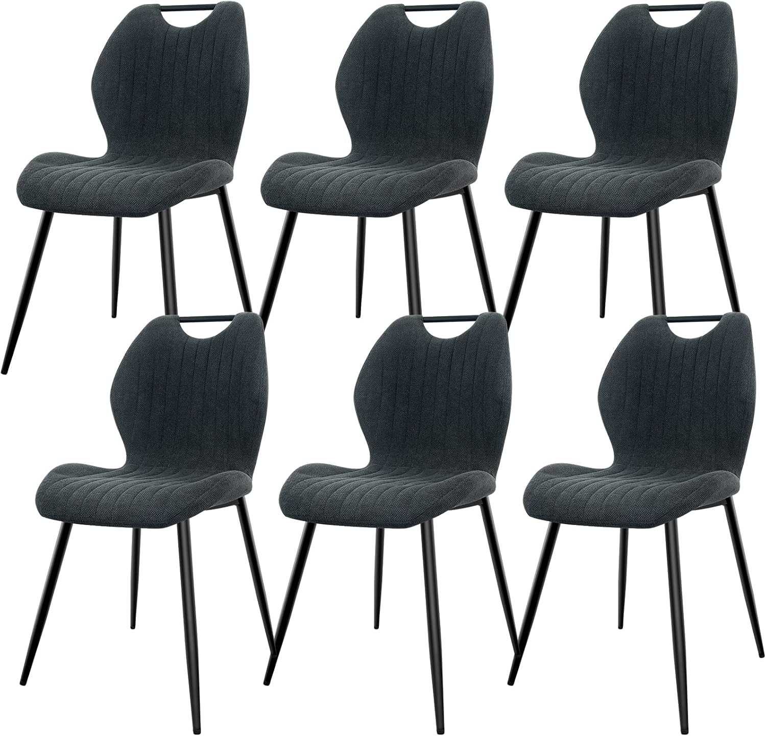 Chaises de salle à manger - lot de 6 - tissu gris foncé, pieds métal, dossier tapissé, assise confortable