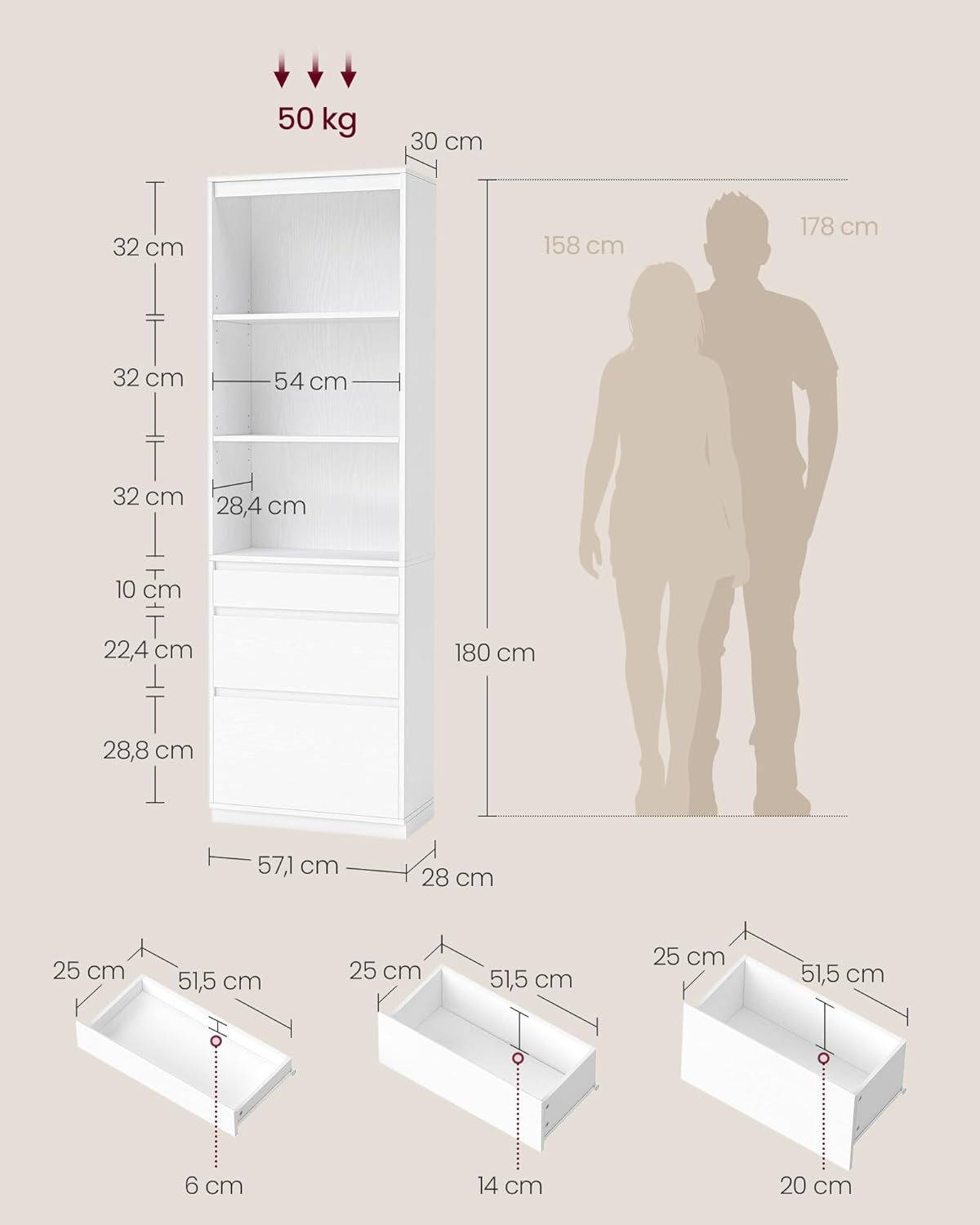 VASAGLE - Kailyn Collection bibliothèque, 180 cm, 3 tiroirs, étagères réglables, blanc, LBC188W01