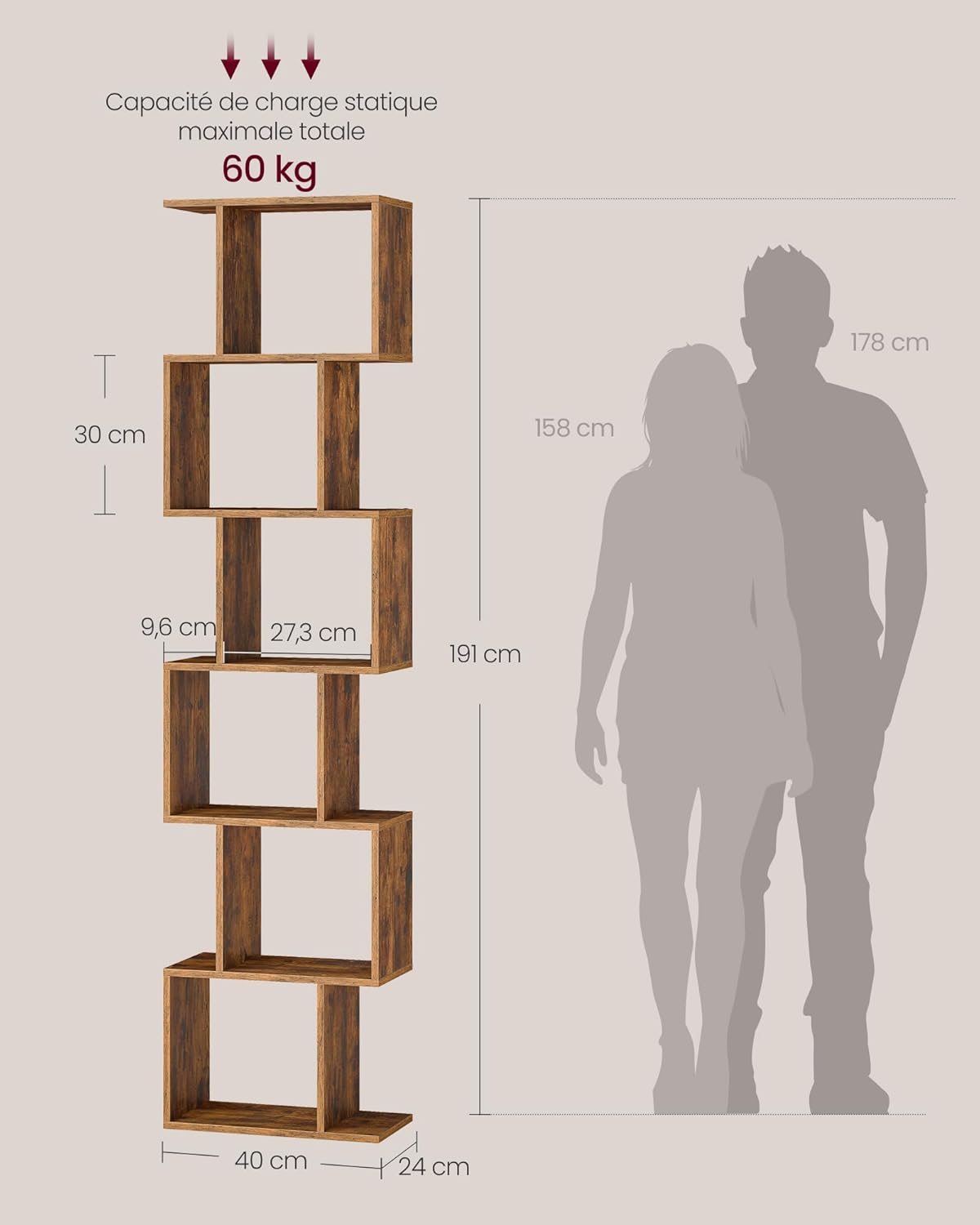 VASAGLE - bibliothèque (série non précisée) - 24x40x191 cm - 6 niveaux, rangement, cloison, marron rustique, LBC461K01