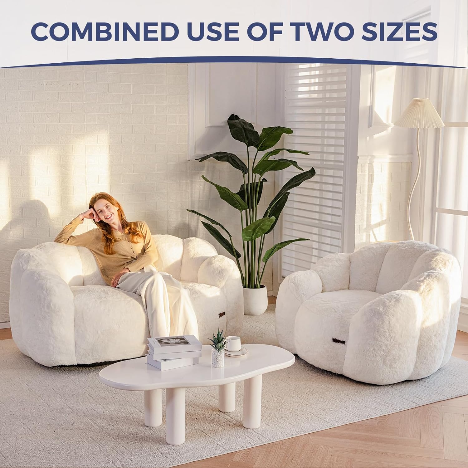 MAXYOYO - Pouf floral géant 2 places - fausse fourrure, mémoire de forme