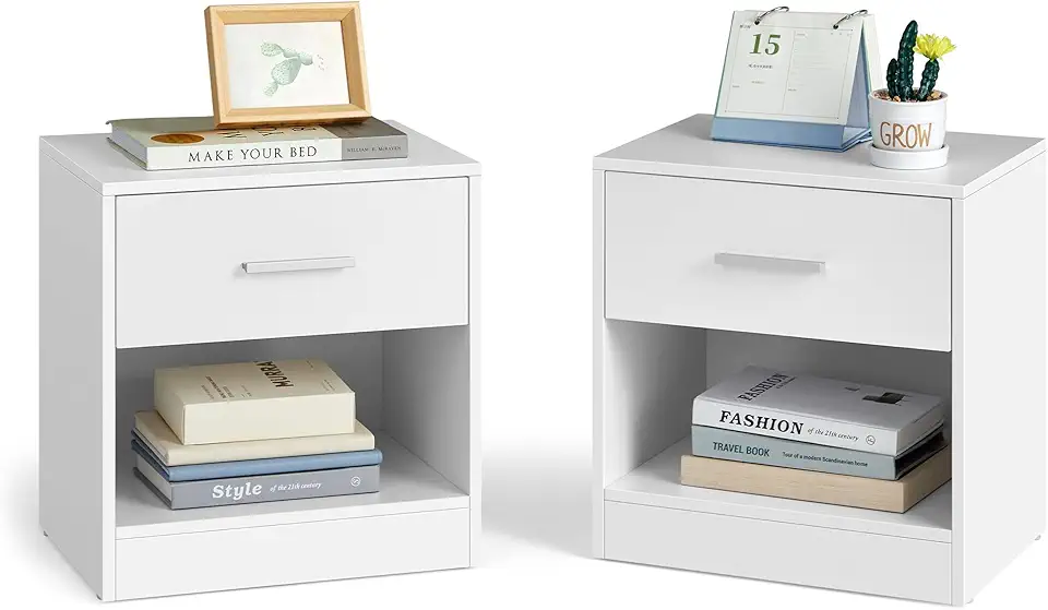 VASAGLE – Table de nuit lot de 2 – blanc, tiroir, compartiment ouvert, LET819T14