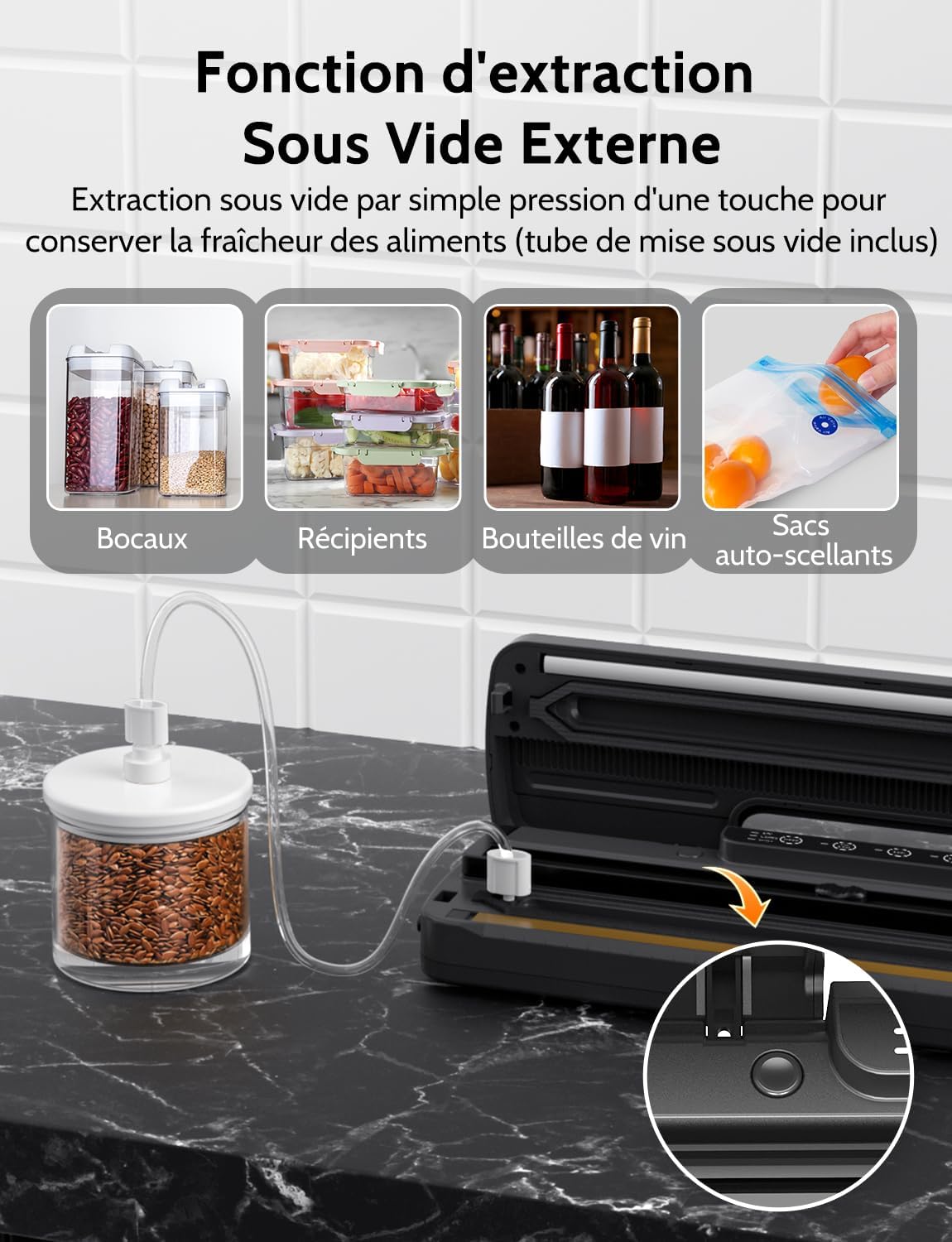 Machine sous vide alimentaire 5 en 1, couteau inclus, modes sec/humide, sacs et tuyau