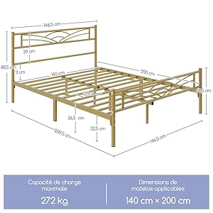 Cadre de lit en métal doré avec mesures détaillées. Comprend une tête de lit décorative et une construction robuste. Capacité de charge maximale 272 kg, convient aux matelas de 140 cm x 200 cm.