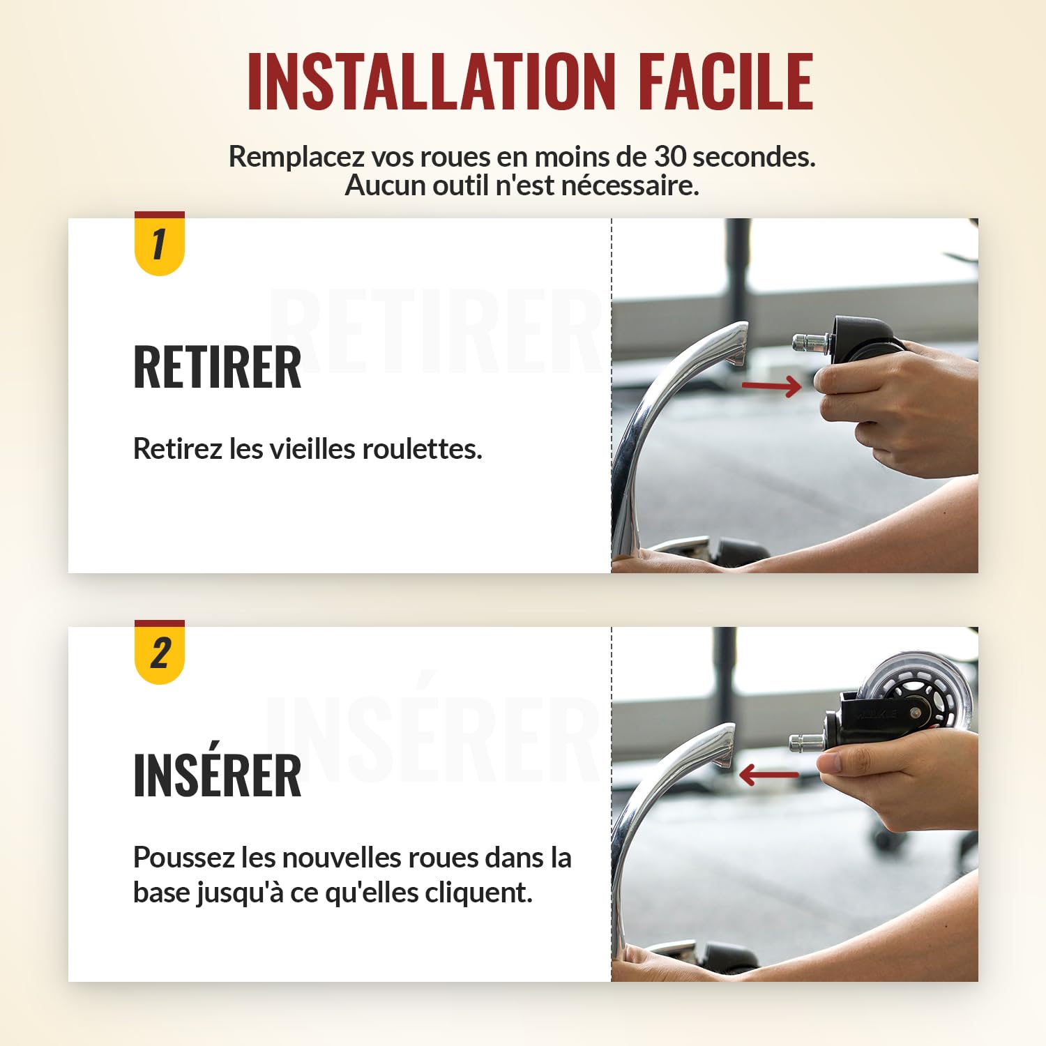 Holkie - roulettes caoutchouc pour chaise bureau - 11x22 mm - lot de 5 robustes, pour sols bois et tapis