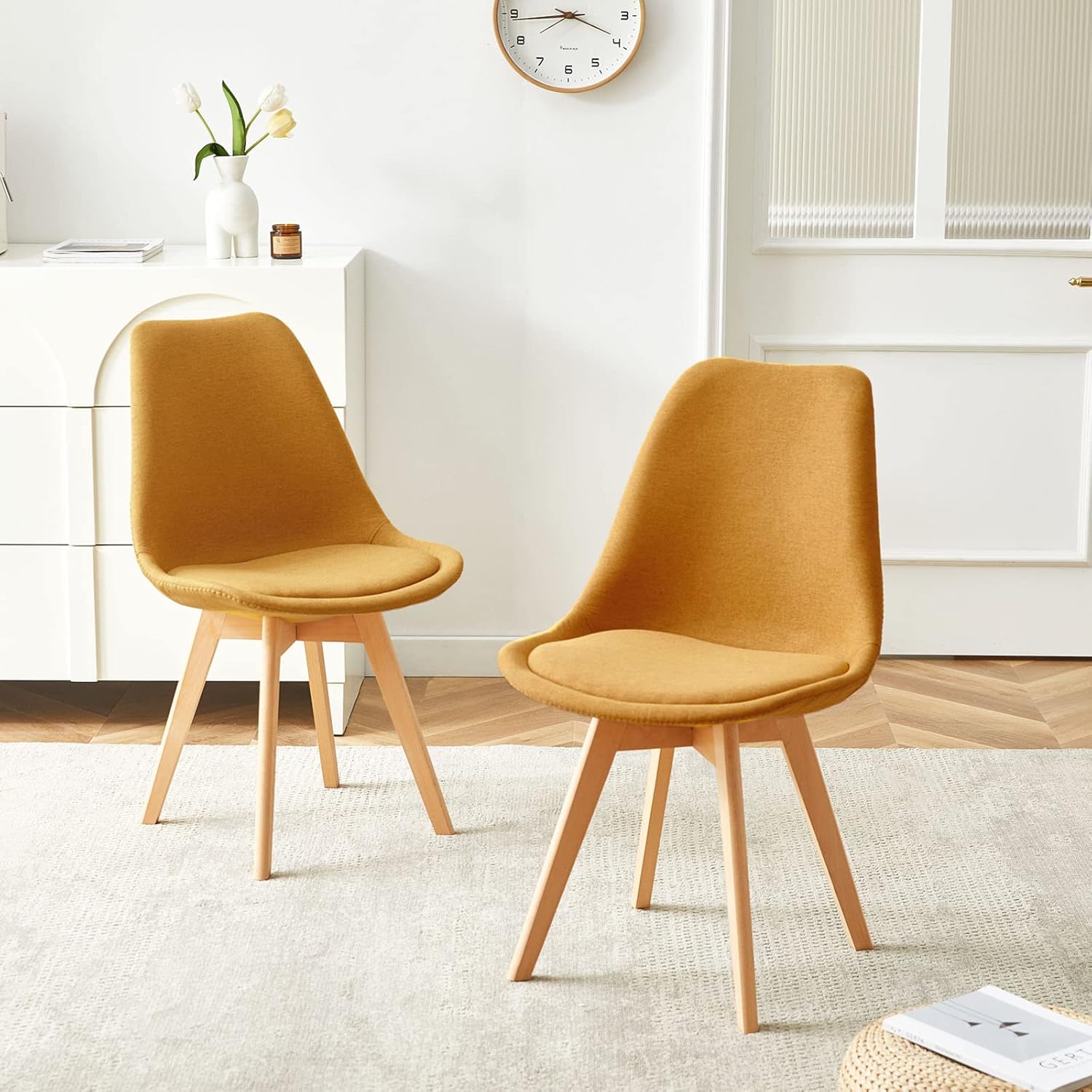 EGGREE - Lot de 2 chaises scandinaves tissu lin jaune, bois hêtre, rembourrées
