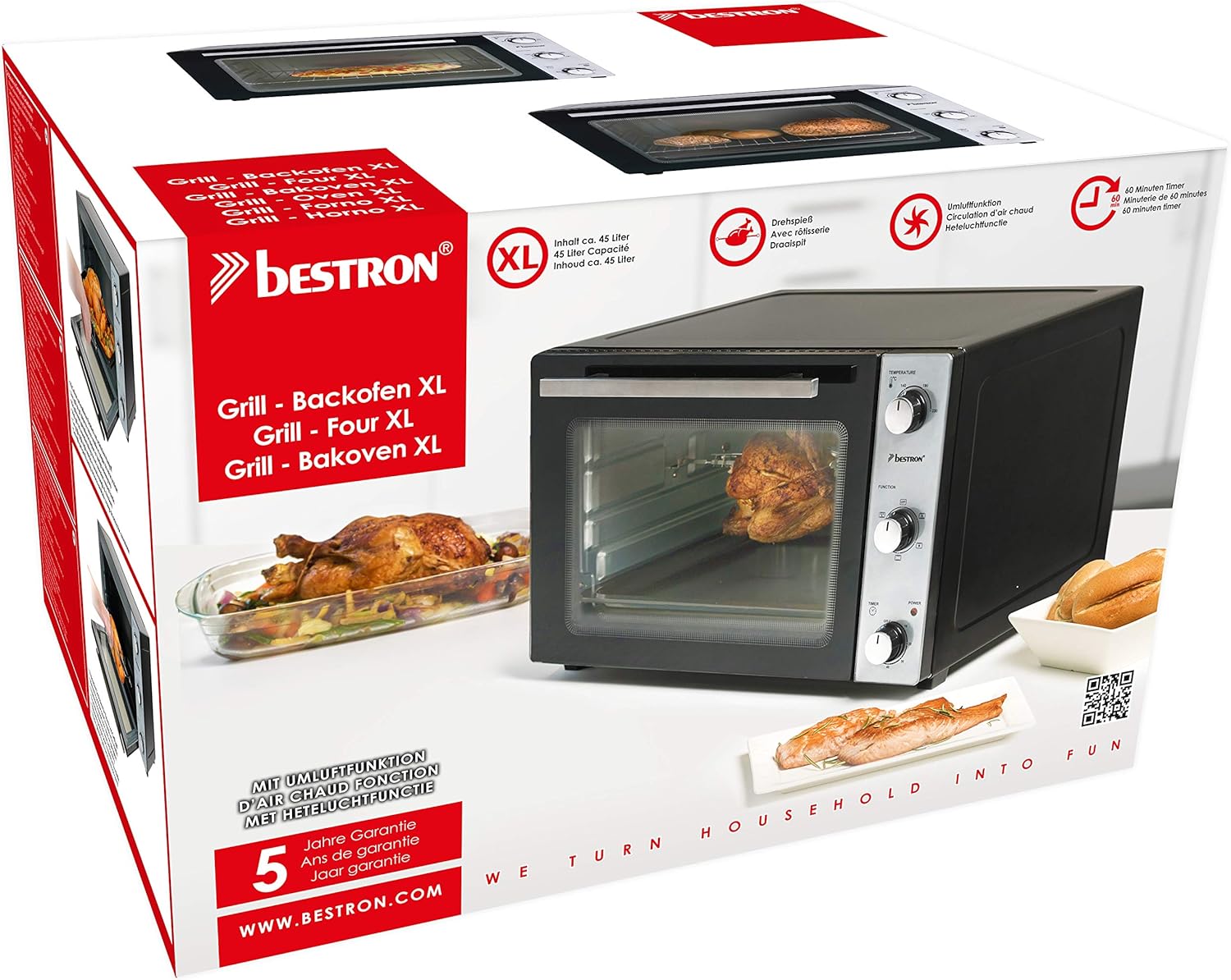 Bestron - Mini-four 2en1 rôtissoire, inox, 45L, 1500W, noir