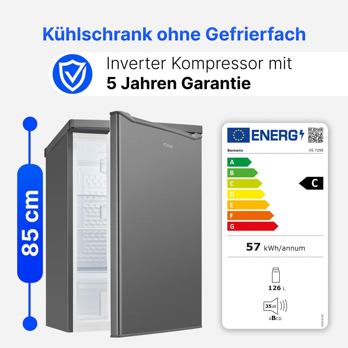 Bomann - VS7258 - 126L inox, classe C, compact, réfrigérateur économique