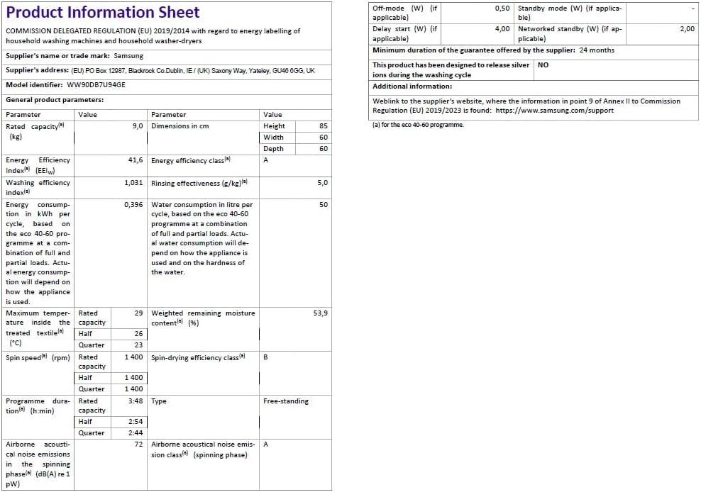 Samsung - WW90DB7U94GE série - 60x85x55cm - 9kg, EcoBubble, vapeur, WW90DB7U94GE