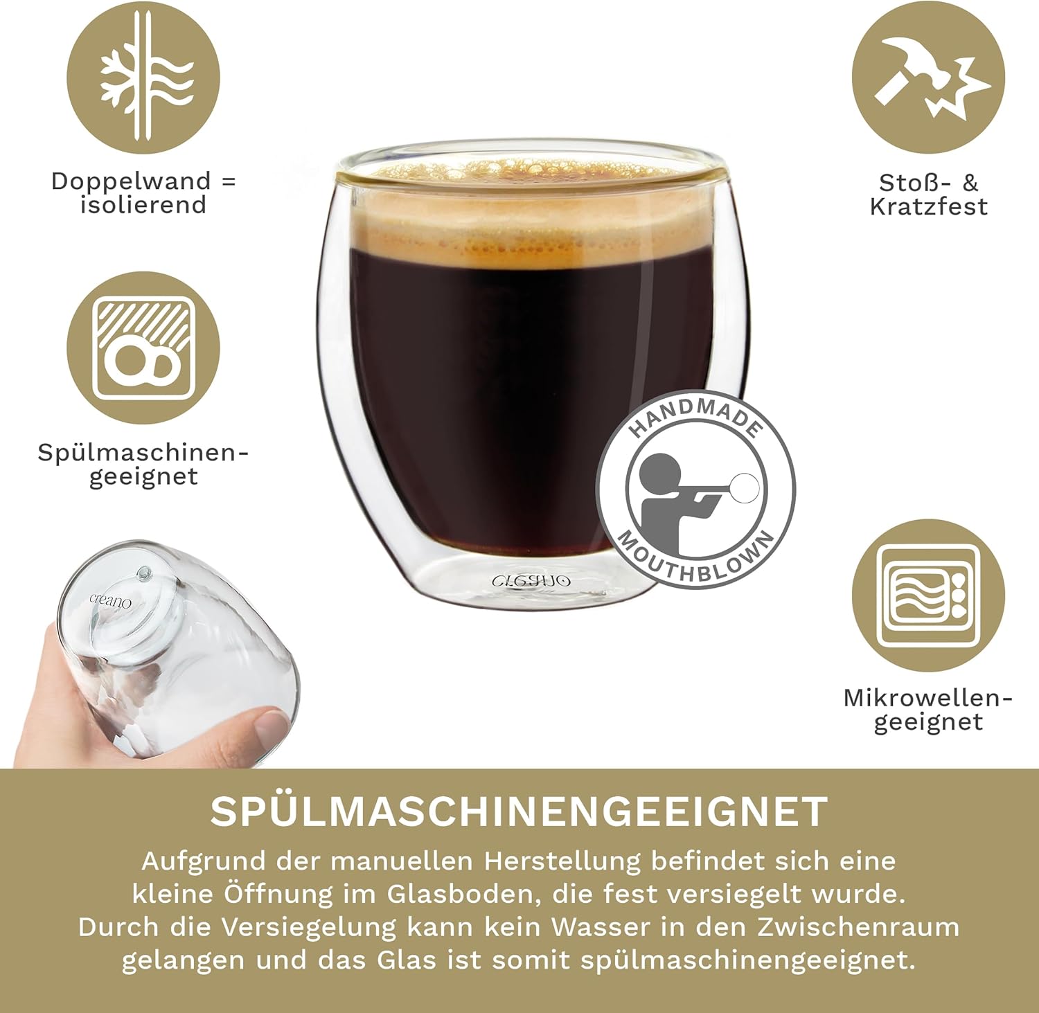 Creano – Verres à expresso double paroi 80ml – 6 pièces – effet flottant