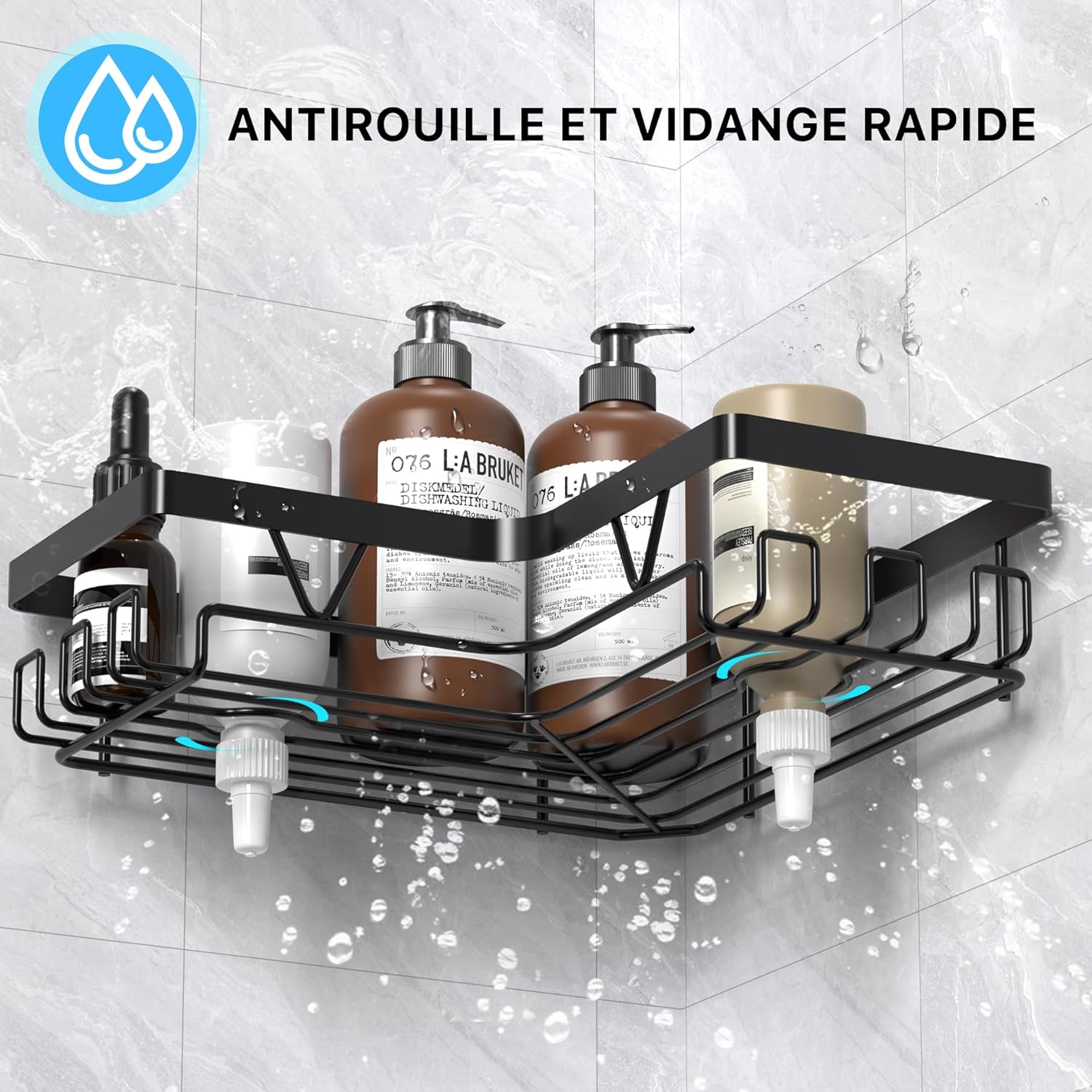 Etagere douche - 3 pièces, angle, sans perçage, noir, rangement optimisé