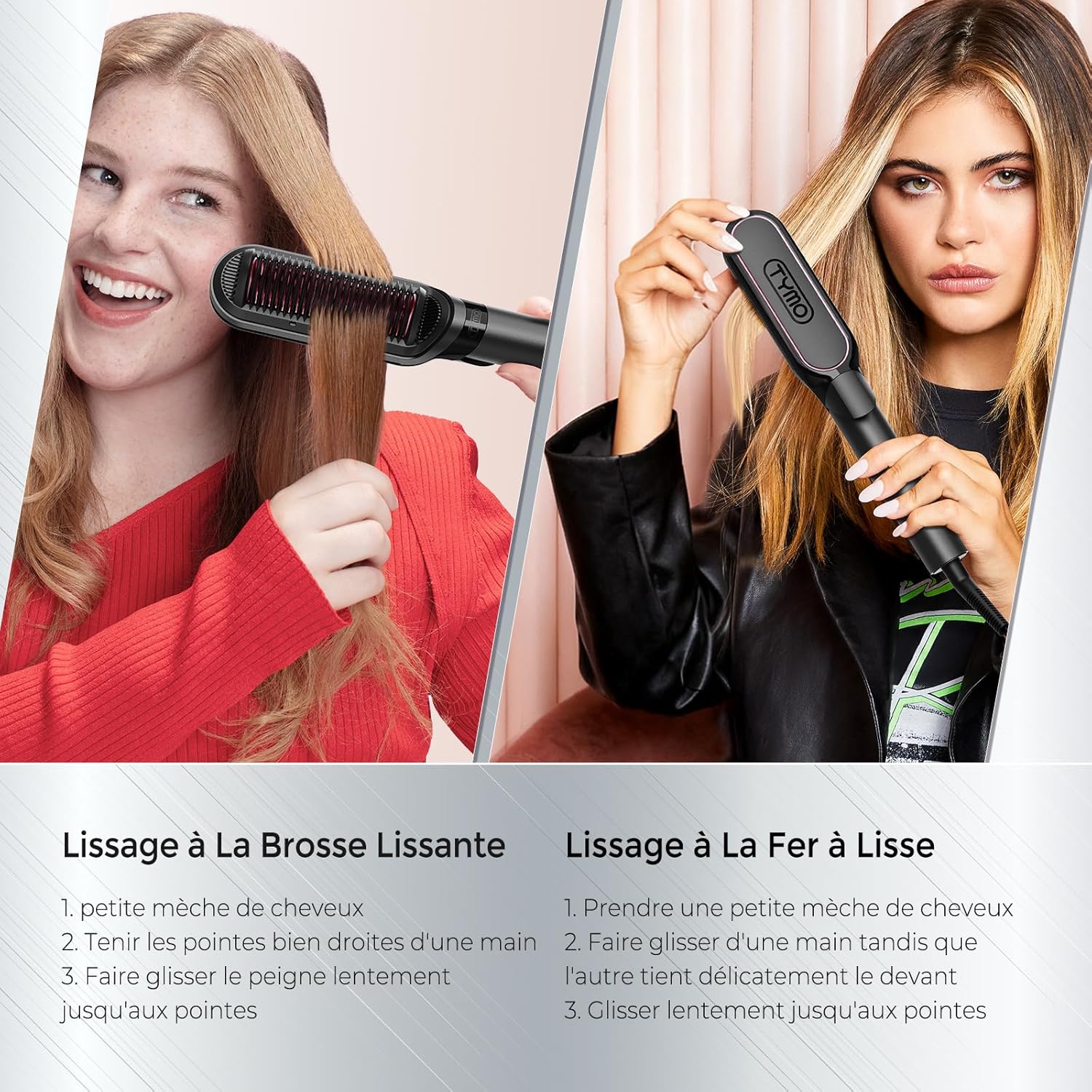 TYMO - Lisseur 2 en 1 - Brosse ionique, anti-brûlure, rapide