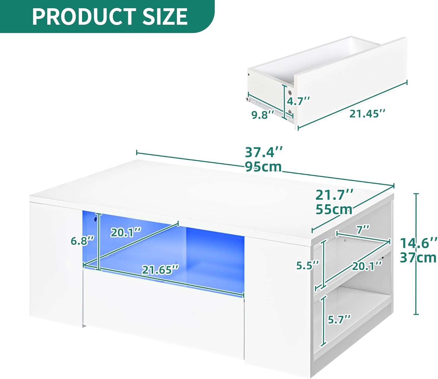 YITAHOME - table basse LED 16 couleurs, 95x55x37 cm, 2 tiroirs