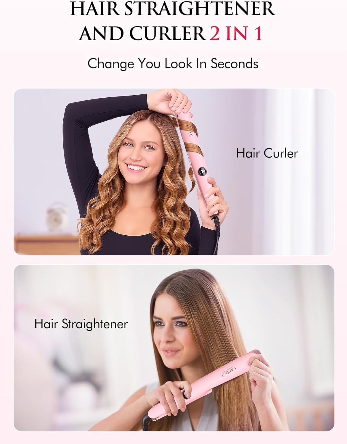 LANDOT - Fer à Lisser 2-en-1 - 120-230°C - Céramique tourmaline, 12 réglages, anti-frizz