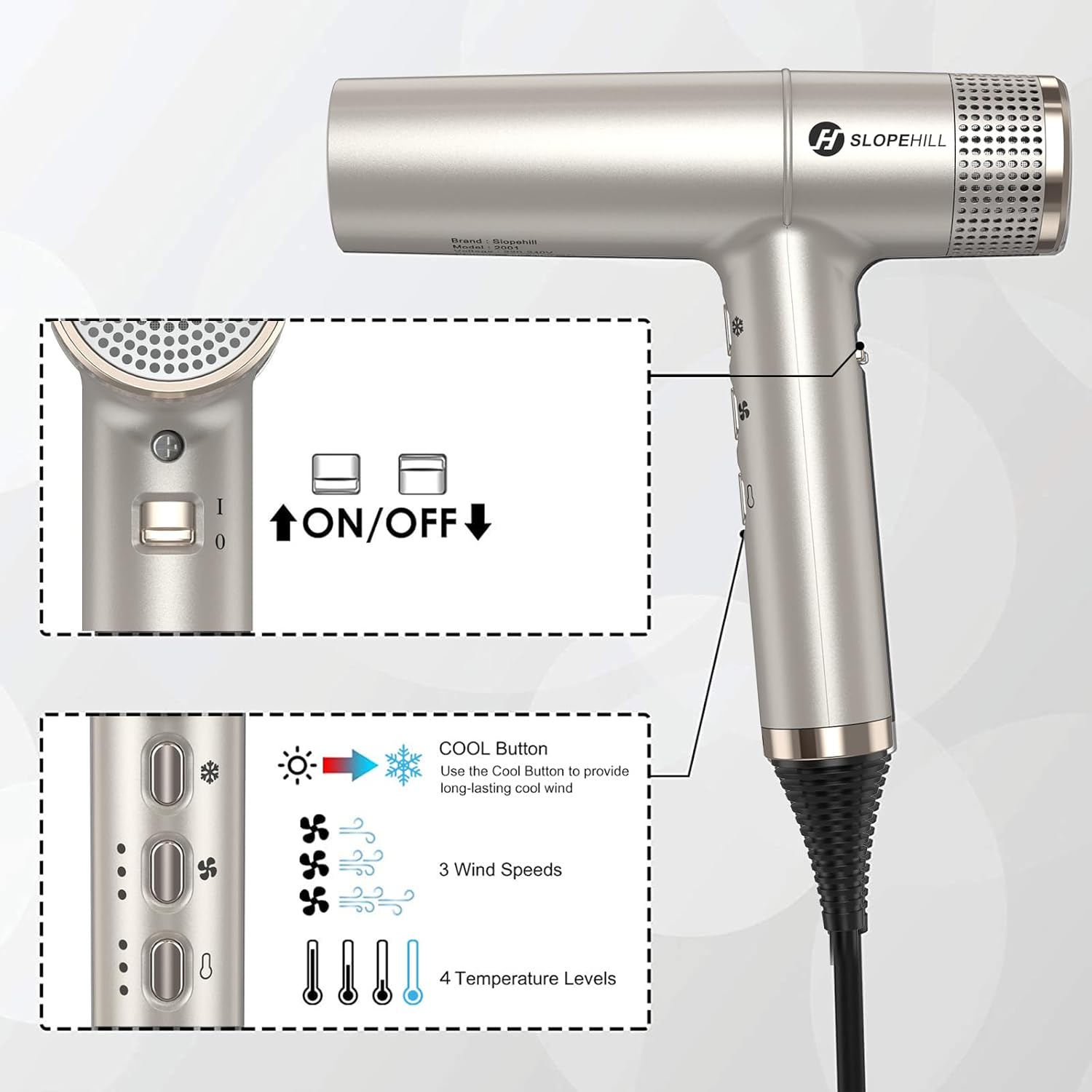 Slopehill - Sèche-cheveux professionnel léger 268g, 2000W, moteur sans balais, micro-filtre, LED, oxy active