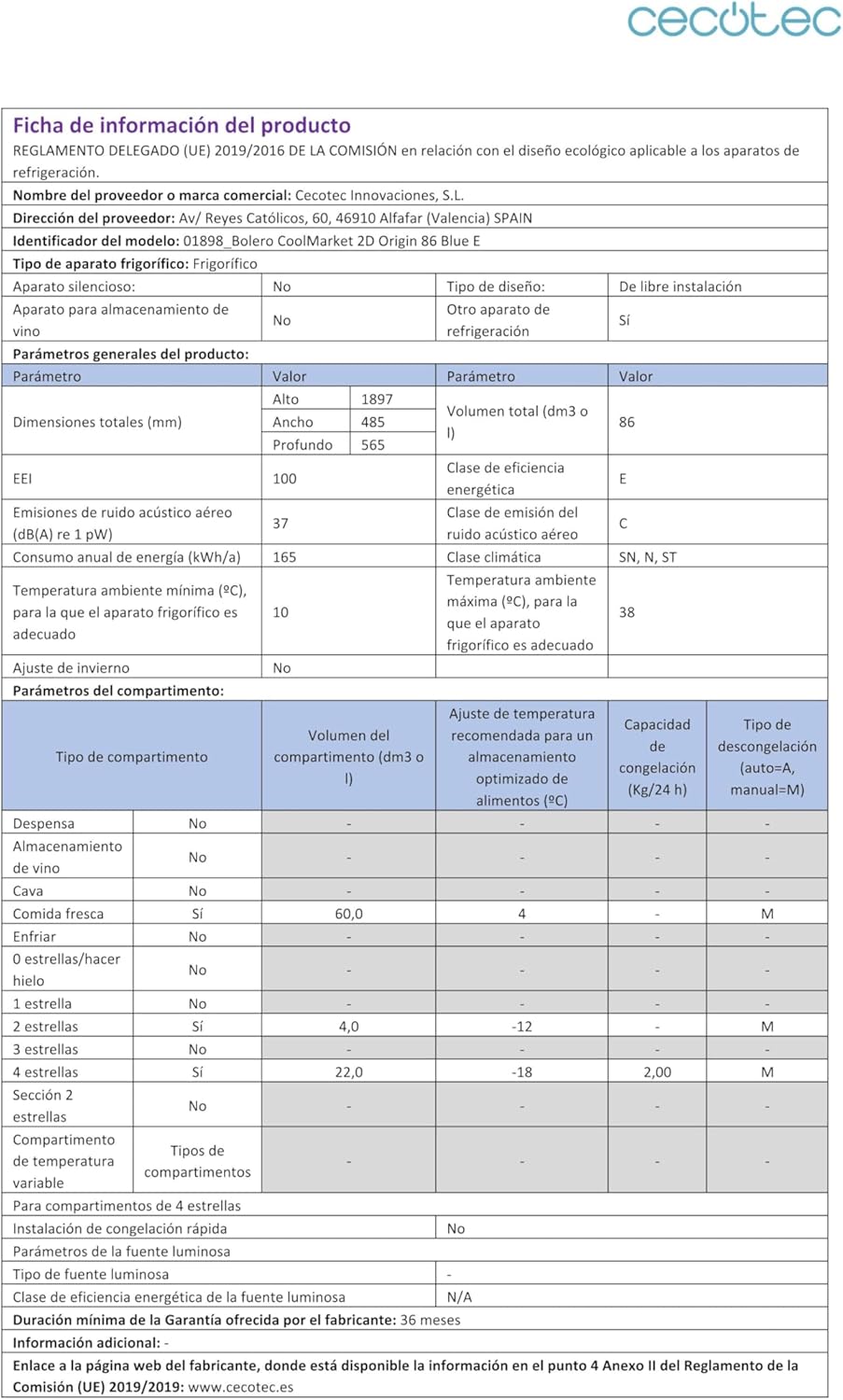 Cecotec - Bolero CoolMarket 2D Origin 86 - 89,3x48,7cm - 86L, No Frost, lumière, bleu - 2 portes