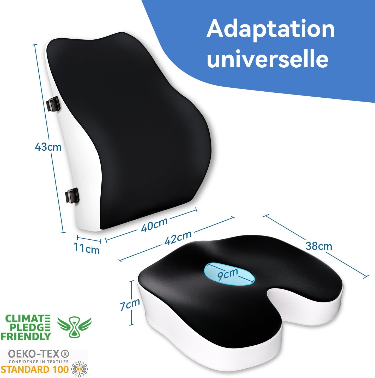 Travel Ease - Ensemble coussin mémoire ergonomique - soutien lombaire, assise confortable, noir