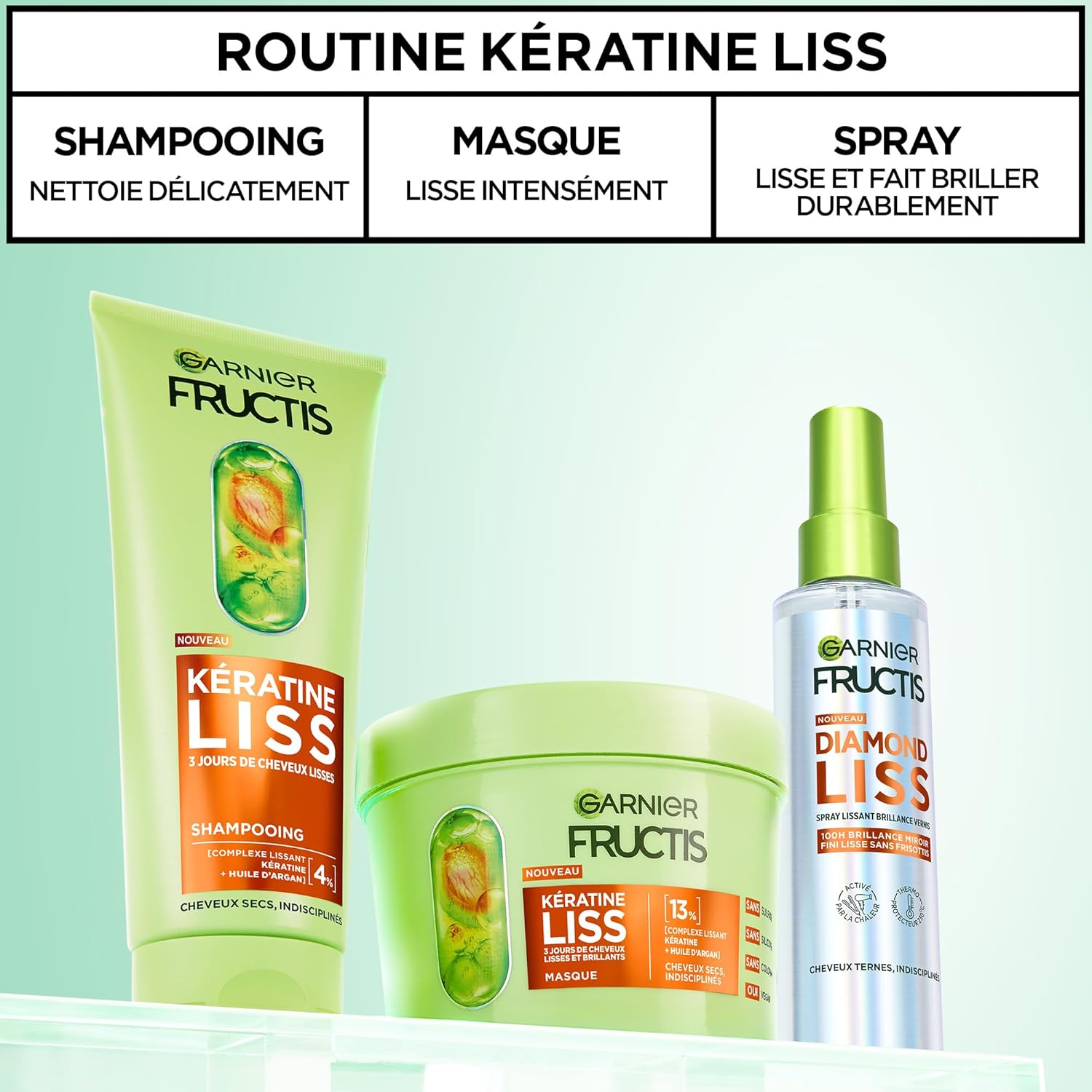 Garnier Fructis - Diamond Liss - 2 produits - Kératine, Argan, anti-frisottis