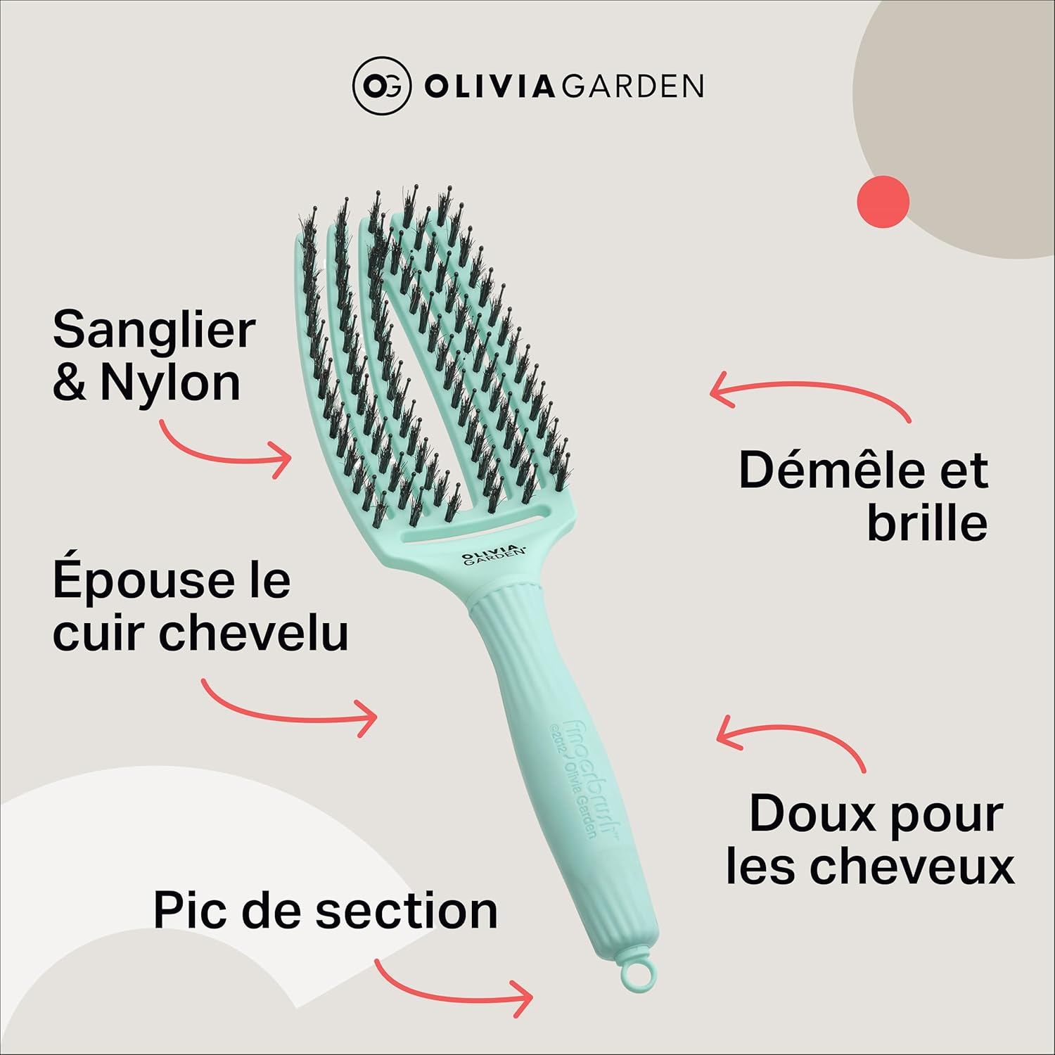 Olivia Garden - Fingerbrush Care Iconic - brosse démêlante, poils sanglier et nylon, brillance et douceur