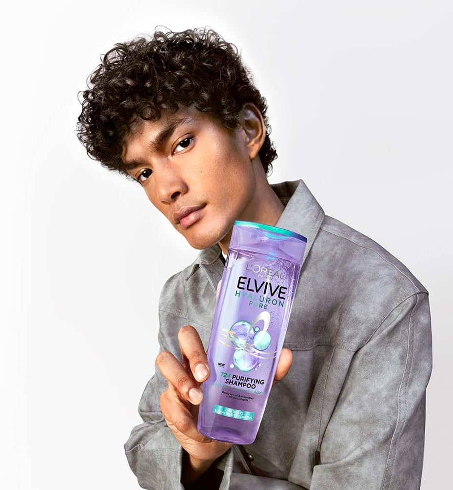 L'Oréal - Elseve Hyaluron Pure - 300 ml - Shampooing purifiant acide salicylique/hyaluronique, 72H cuir chevelu gras