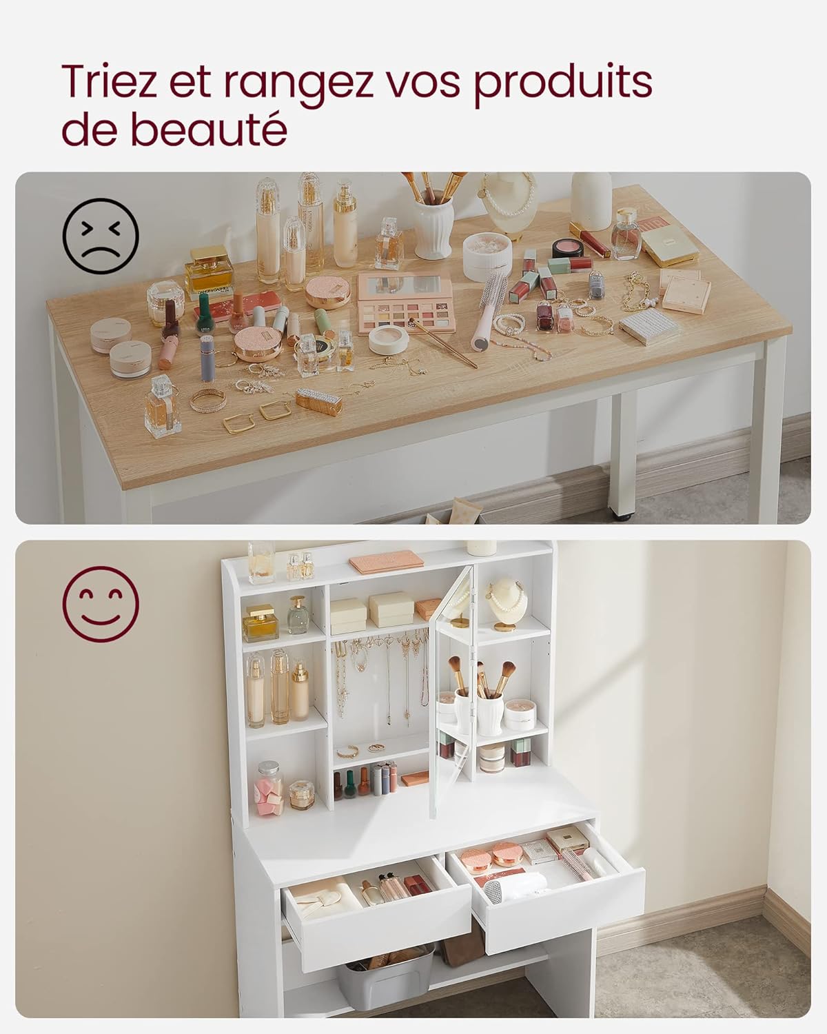 VASAGLE - Kailyn Collection coiffeuse LED, 3 couleurs, étagère réglable, 2 tiroirs, blanc, RDT123T14