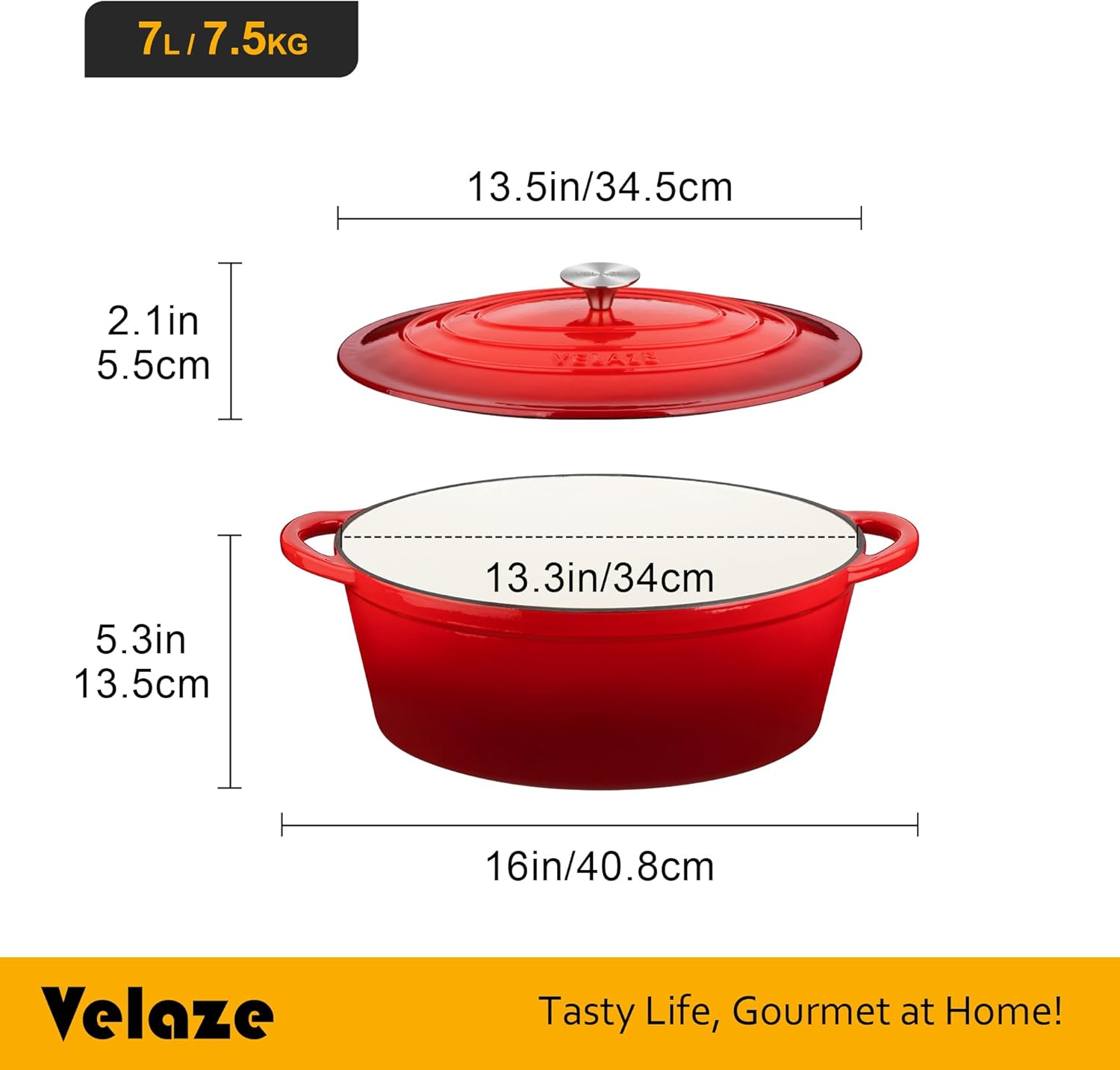 Velaze - cocotte fonte émaillée 7L 34cm, induction, couvercle rouge