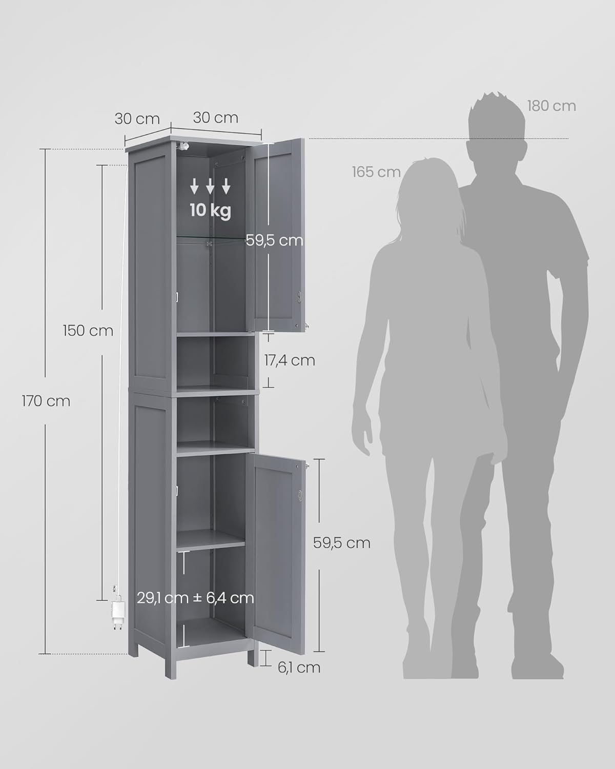 VASAGLE - Armoire haute salle de bain, étagères réglables, éclairage, BBC566G03