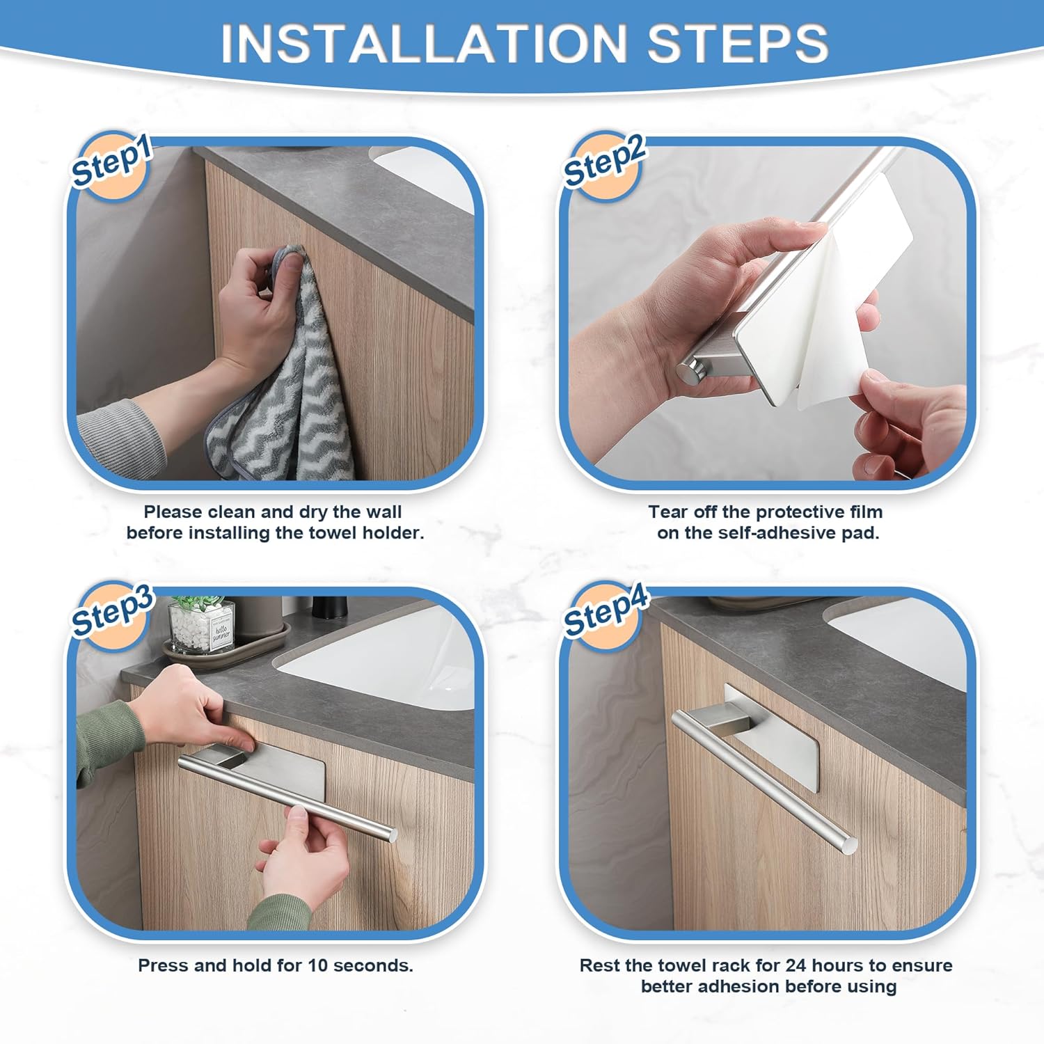 Porte-serviettes salle de bain - inox 304 - adhésif, sans perçage