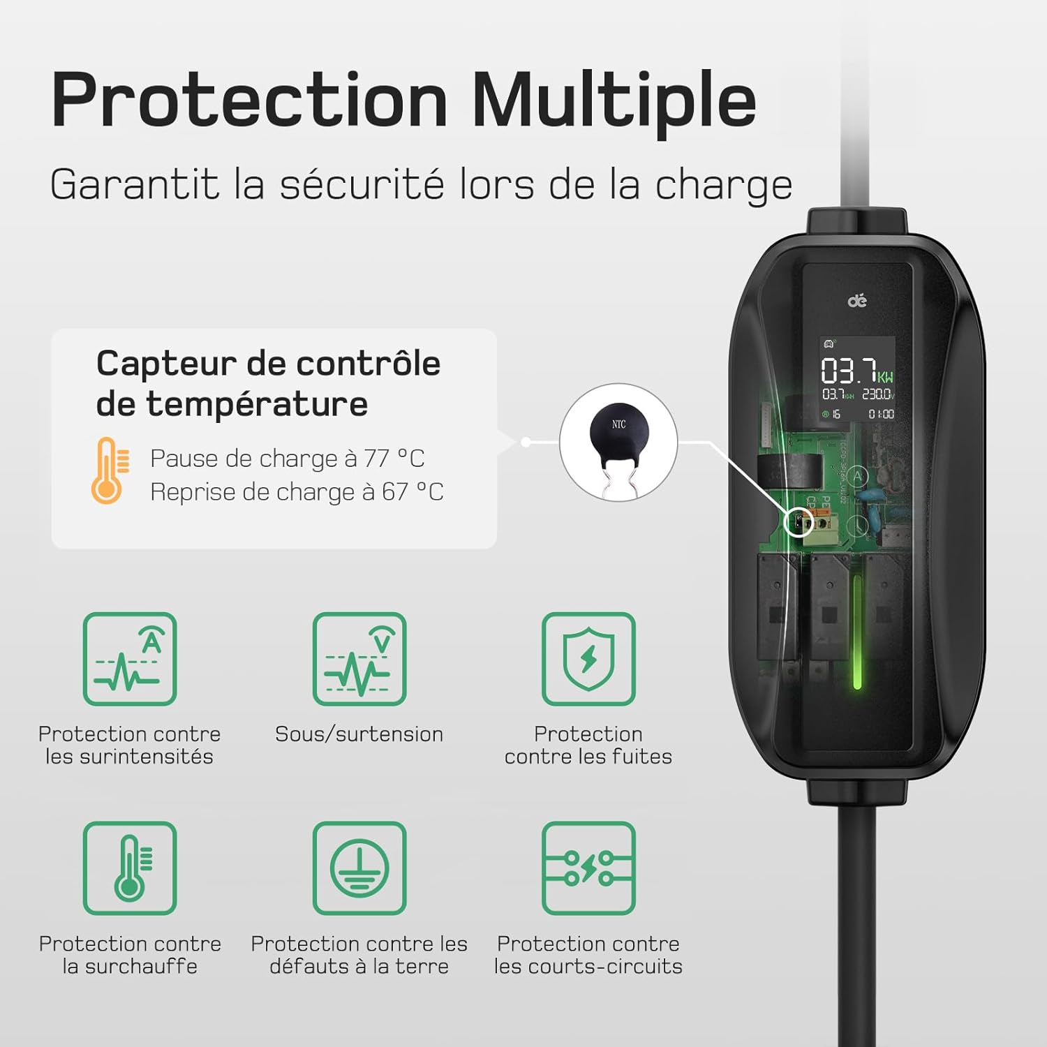 Chargeur Voiture Électrique - 15m - 3,68kW, 6/8/10/13/16A, LCD, Type 2