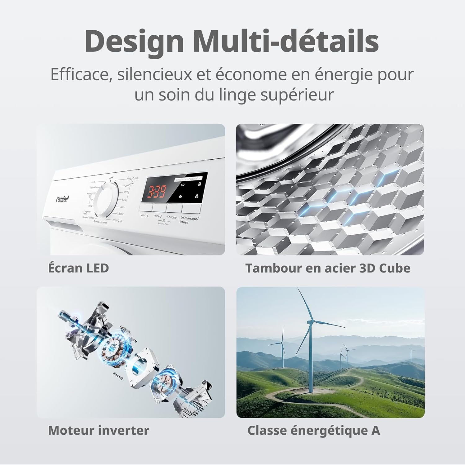 Comfee - lave-linge frontal 8 kg, classe A, 1400 tr/min, 15 programmes, CFE12EW80-W-FR