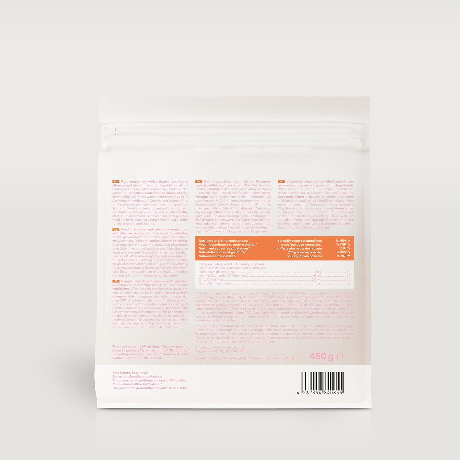 Glow25 - Collagène Plus 450g - peptides type 1 et 3, vitamine C, zinc