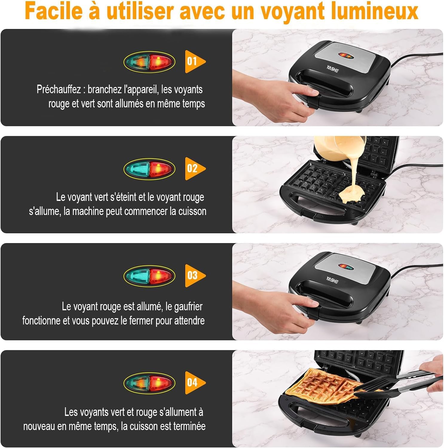YASHE - appareil à gaufre 750W - 2 plaques antiadhésives, cuisson automatique