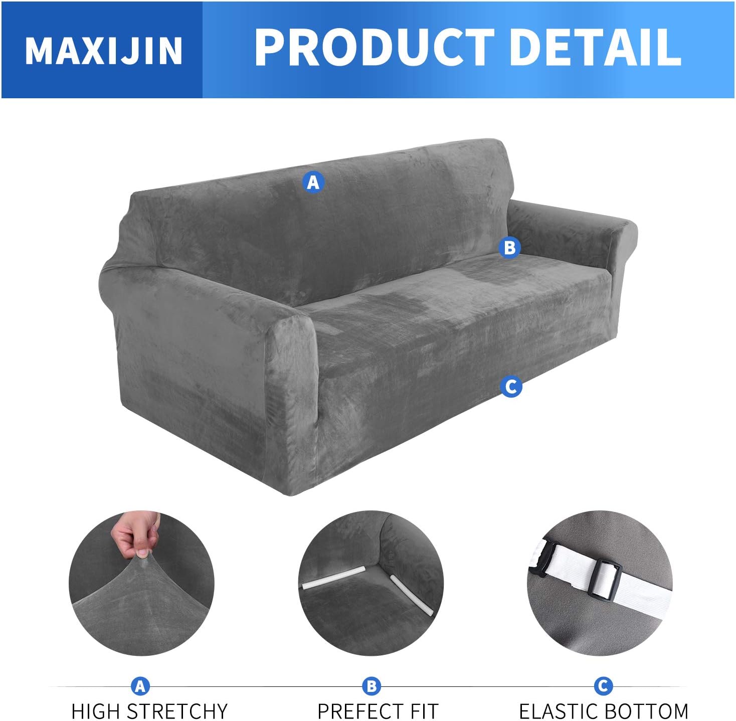 MAXIJIN - Housse canapé velours épais 3 places - extensible, gris