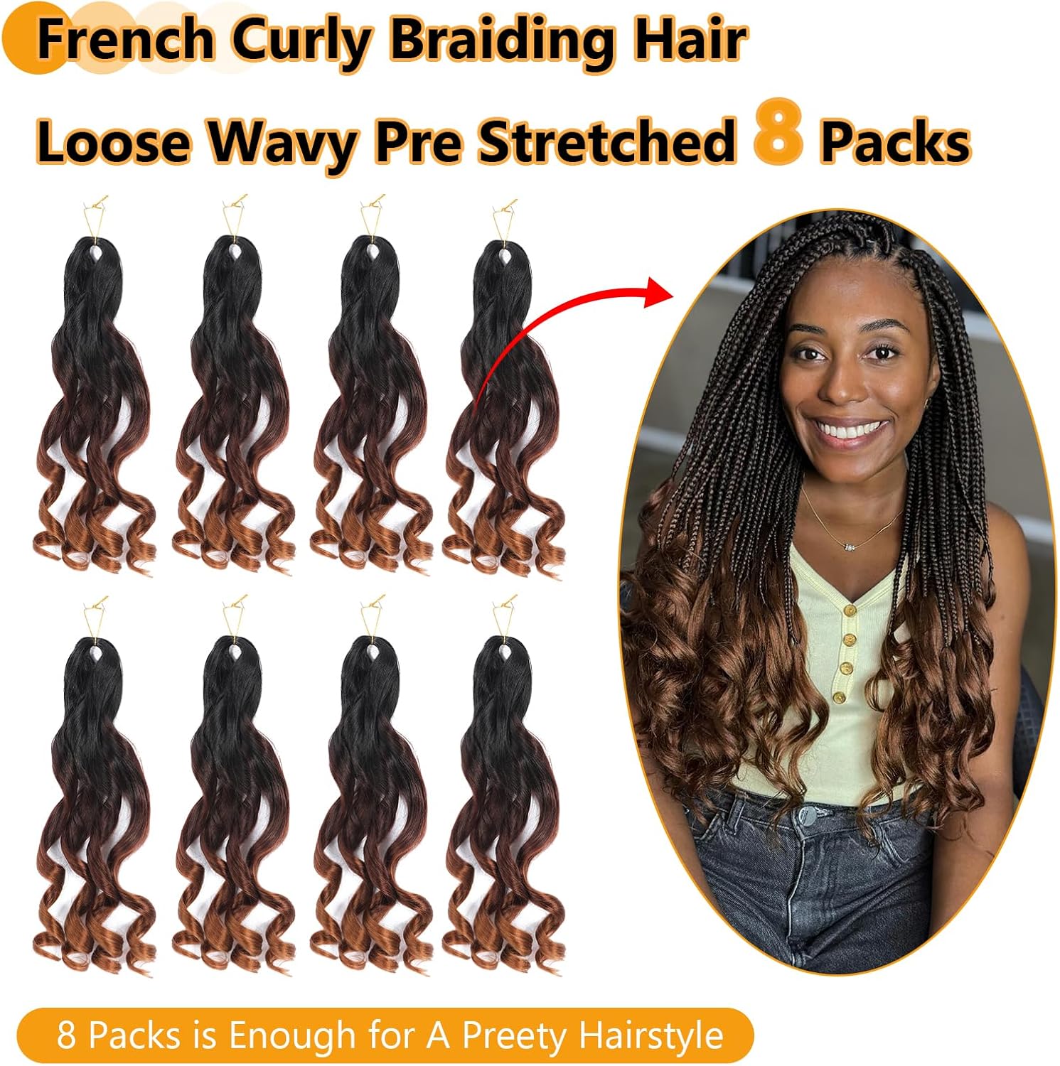 Mèches pour tresses africaines - French Curl - 16 pouces - 8 packs, cheveux ondulés bouncy, mélange 1B/33/30