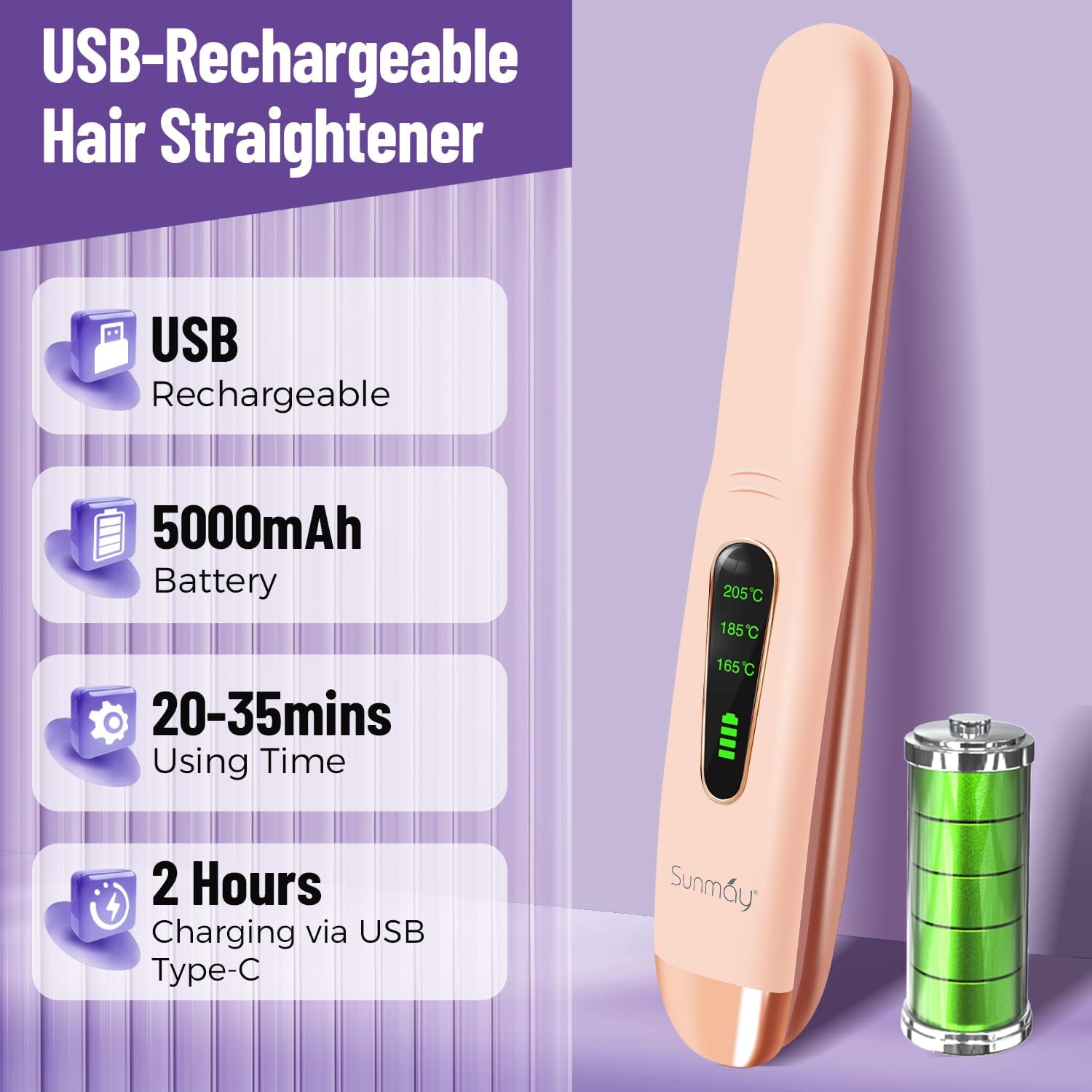 SUNMAY - Voga - mini lisseur sans fil, titane, 3 températures, USB, 5000mAh