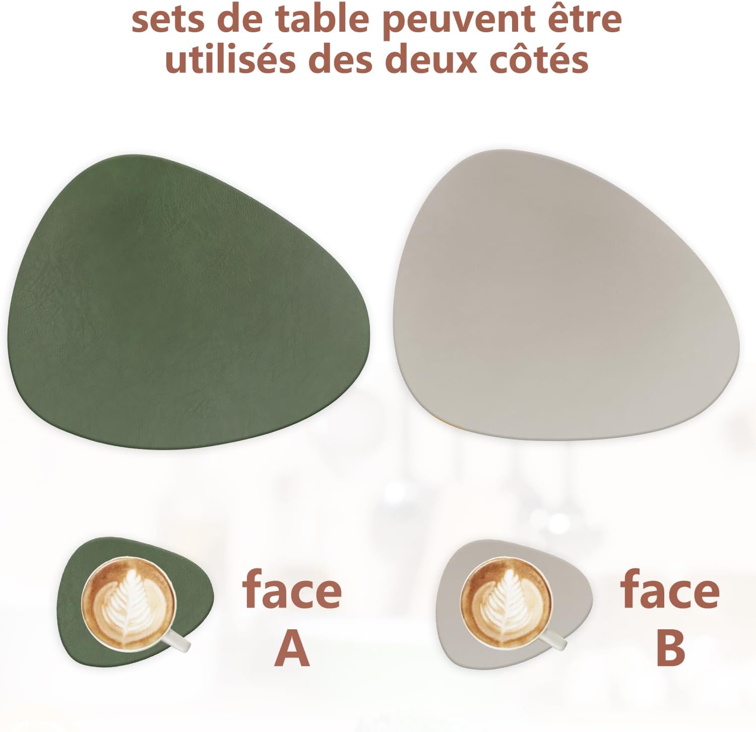Set de table - Lot de 4, cuir PU double face, antidérapant, 41x33cm