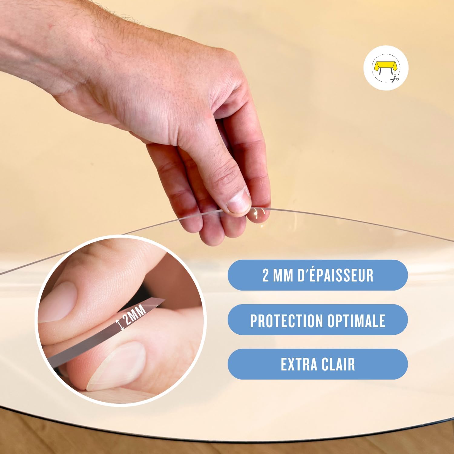Nappe transparente ronde 120 cm, 2mm, anti-tache, lavable