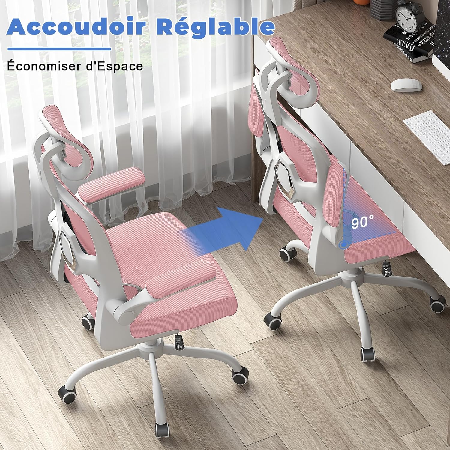 Chaise de bureau ergonomique - support lombaire réglable - appui-tête & accoudoirs ajustables - maille respirante, rose
