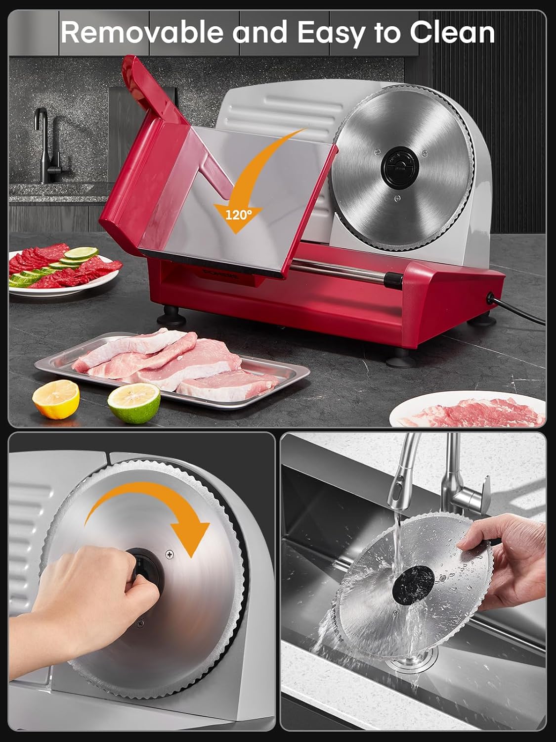 Trancheuse électrique - 250W, 19cm, 3 lames, épaisseur réglable, sécurité