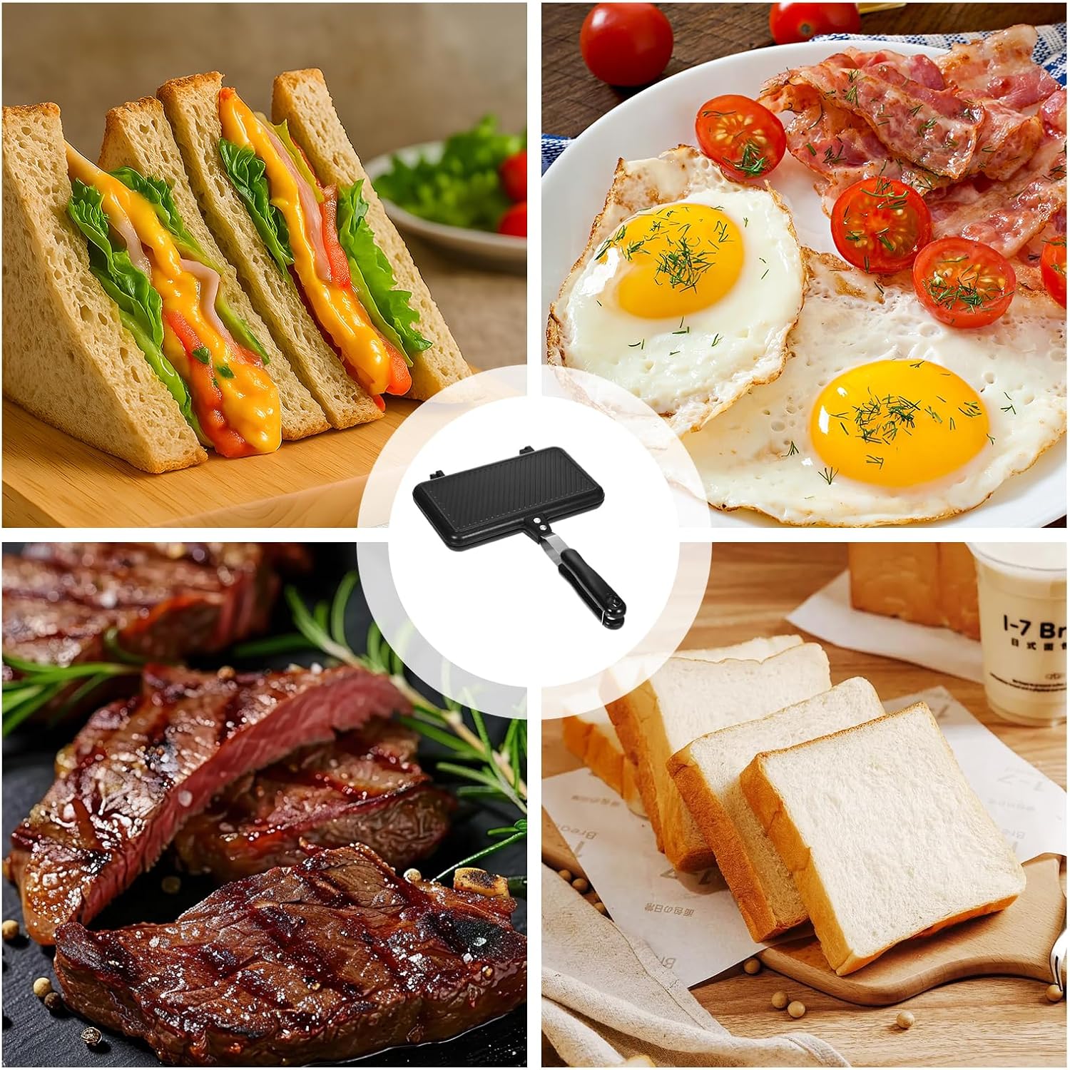 Appareil à croque-monsieur double face aluminium antiadhésif 22x15cm, parfait pour sandwichs, gaufres, toasts, cuisine c