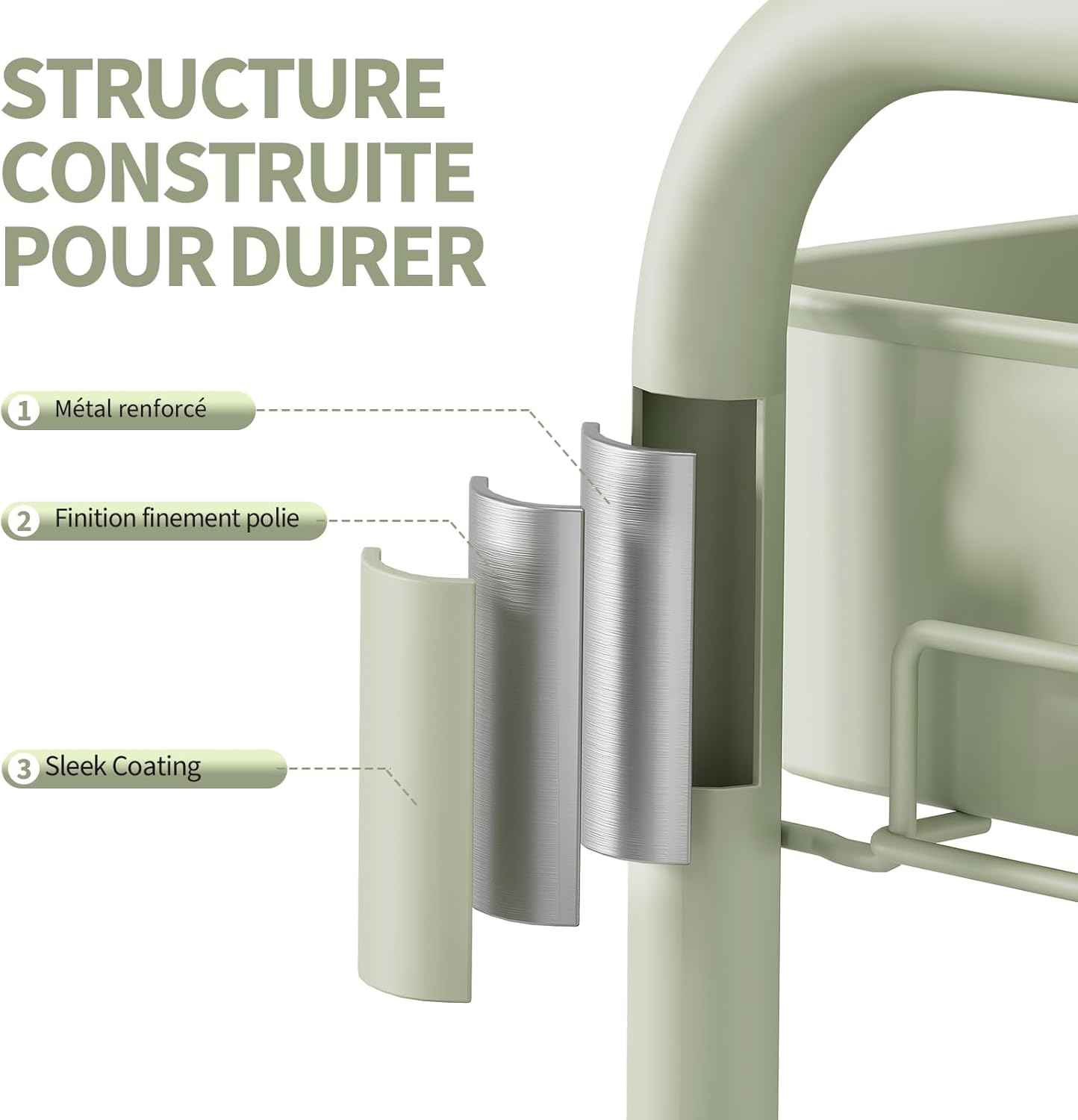 Chariot de rangement - 3 niveaux, boîtes et crochets, roulettes, vert